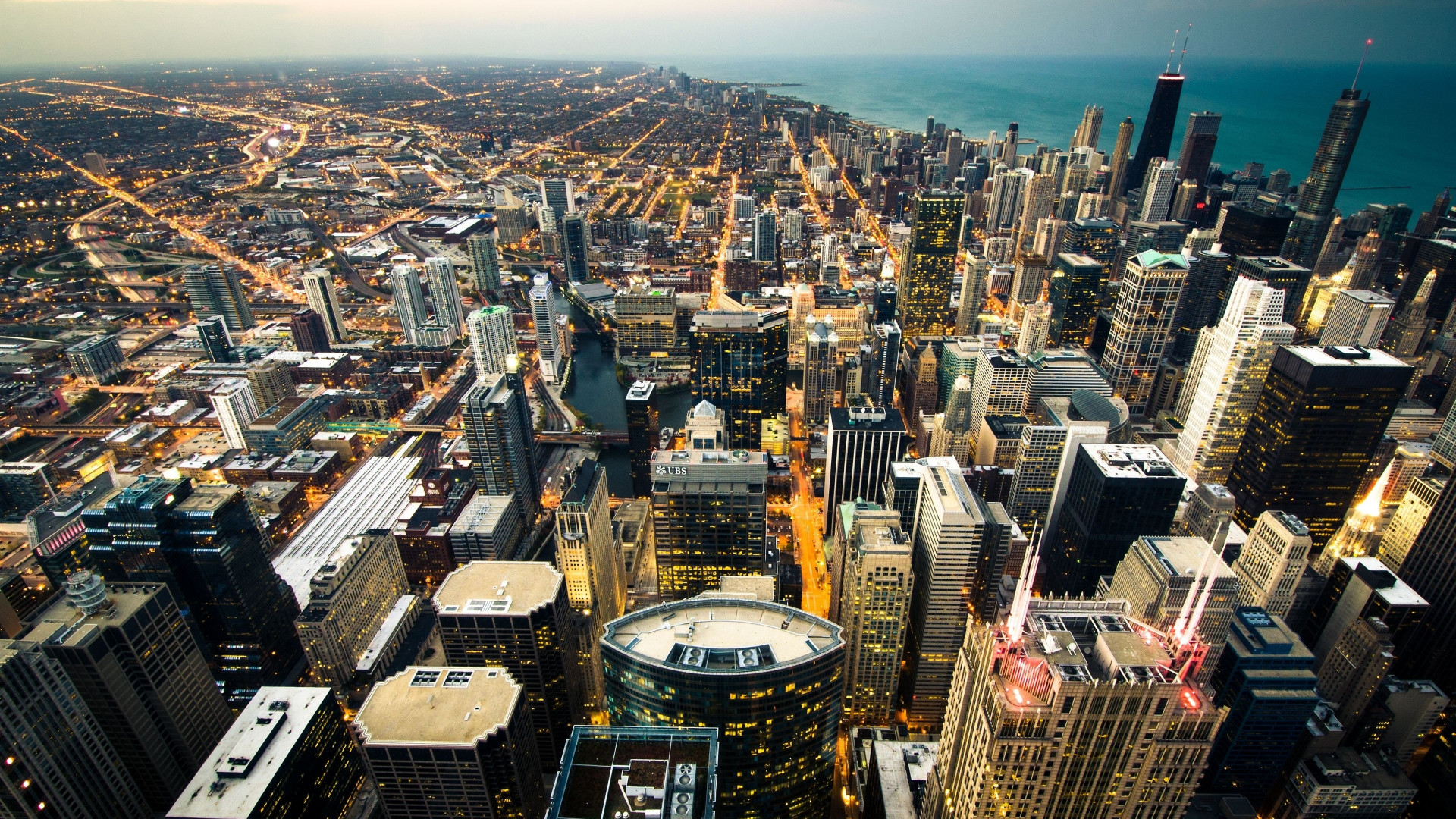 1920x1080  Wallpaper chicago, skyline, city lights, coastline