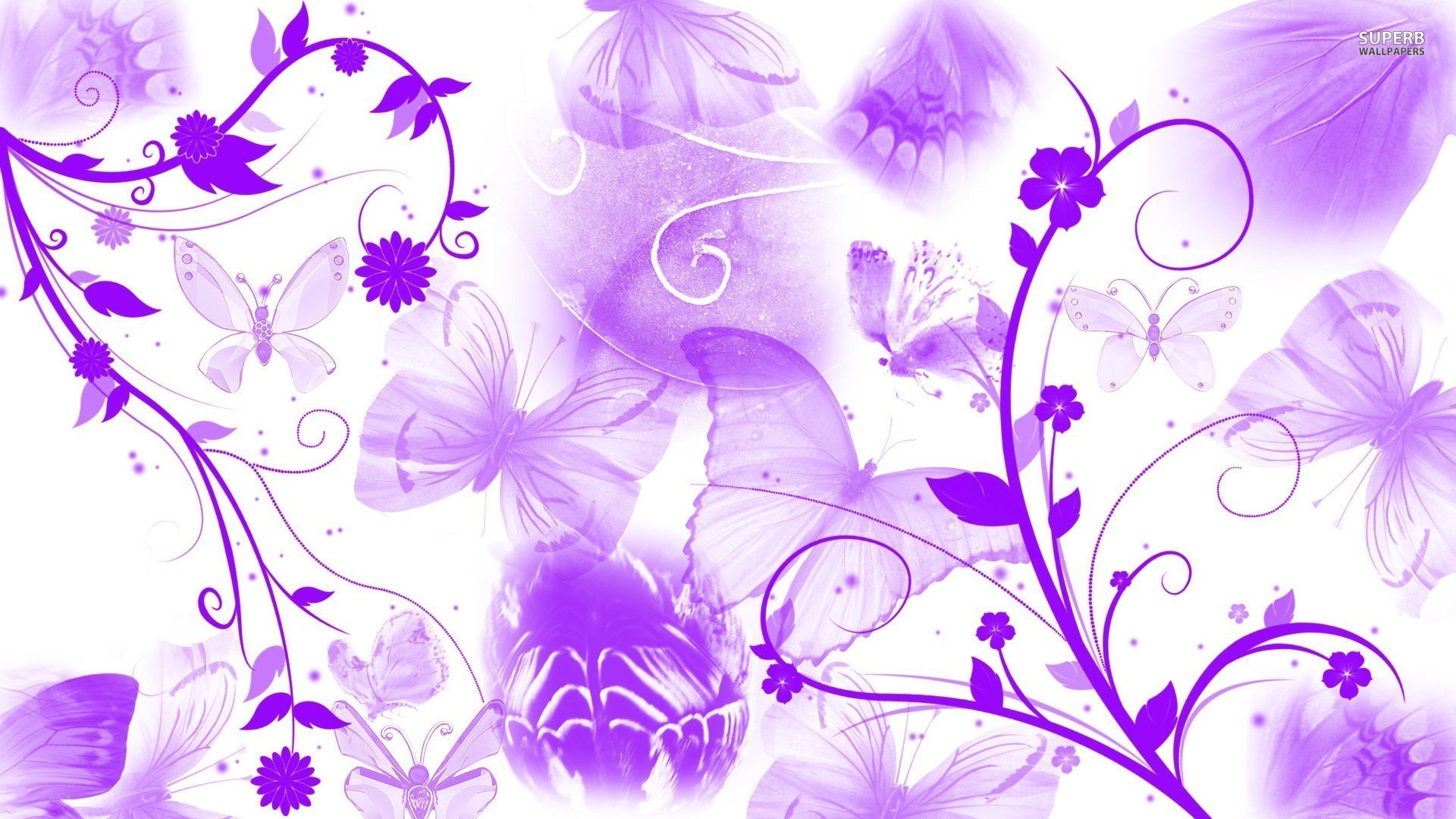 1920x1080 Purple butterflies and swirling flowers wallpaper