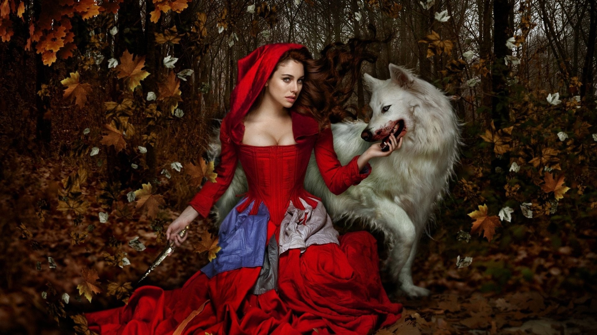 1920x1080 Fantasy - Red Riding Hood Fantasy Girl Woman Knife Wolf Forest Fa...