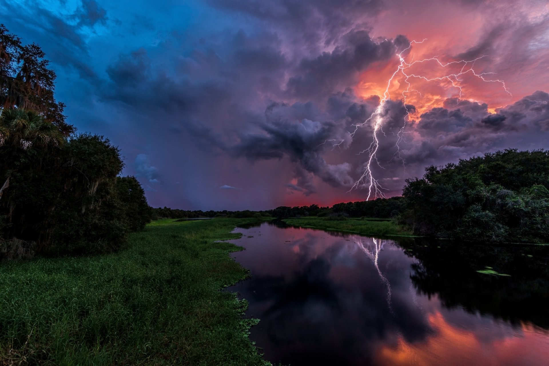 1920x1280 nature summer night sky lightning clouds the storm river reflection