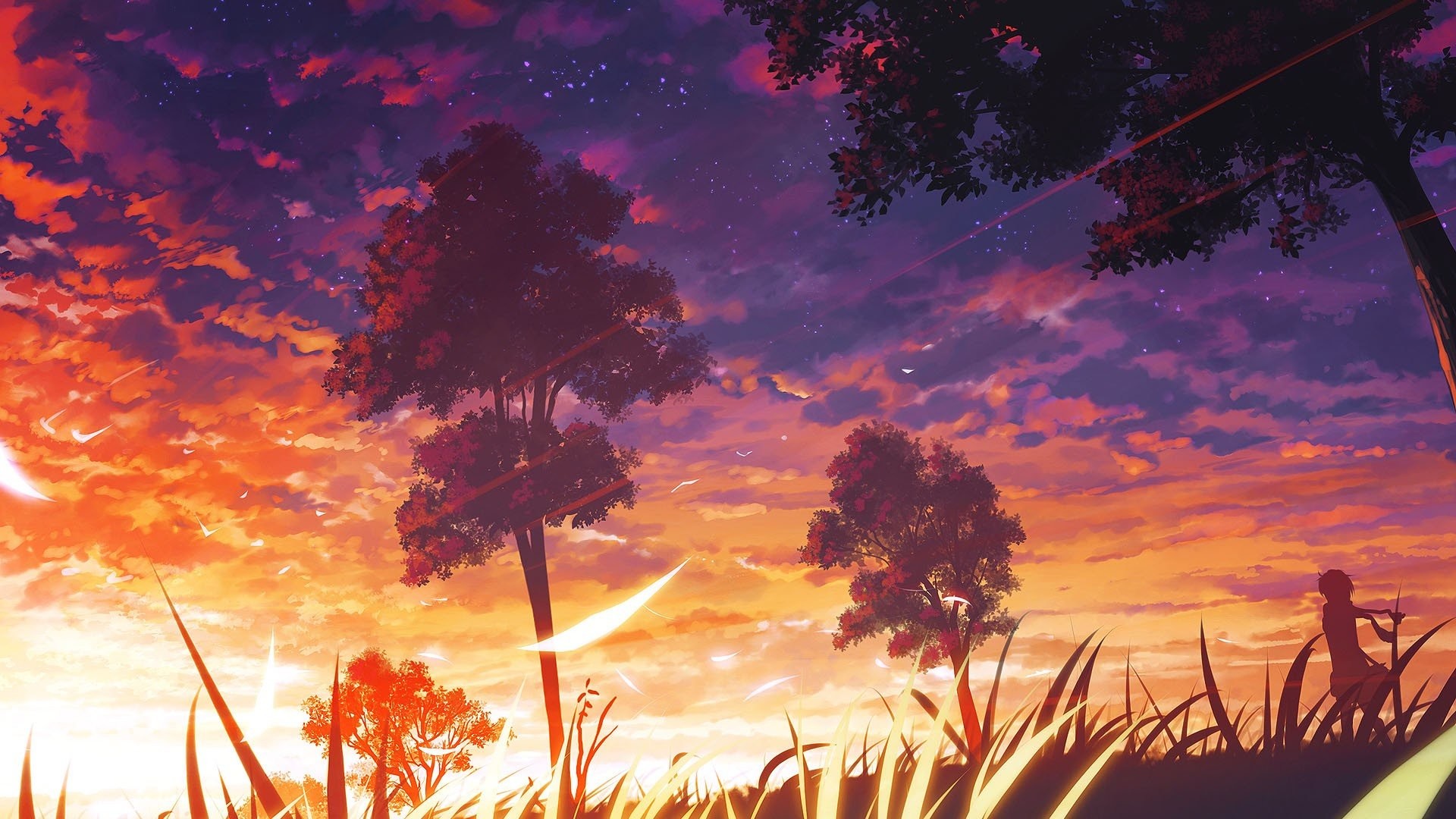1920x1080 Anime Scenic Sunset Trees