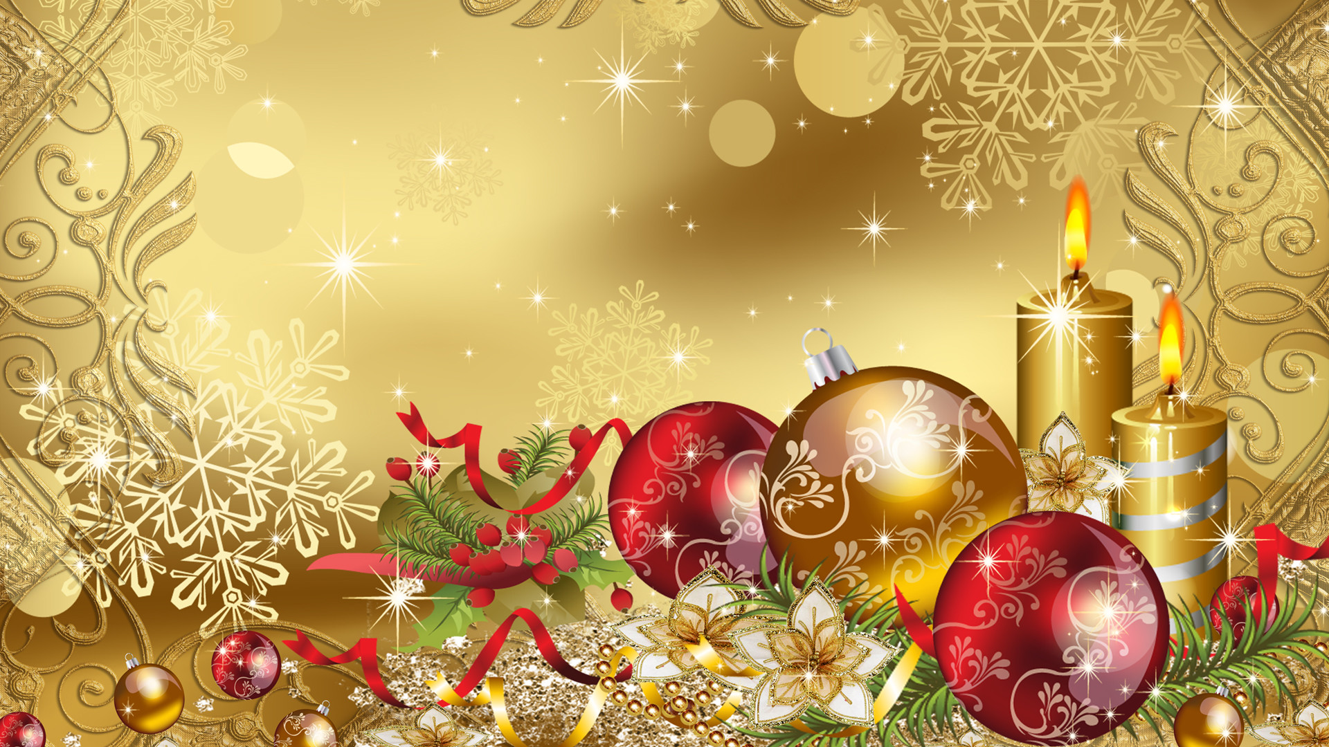1920x1080 happy christmas golden balls gifts candles hd wallpaper