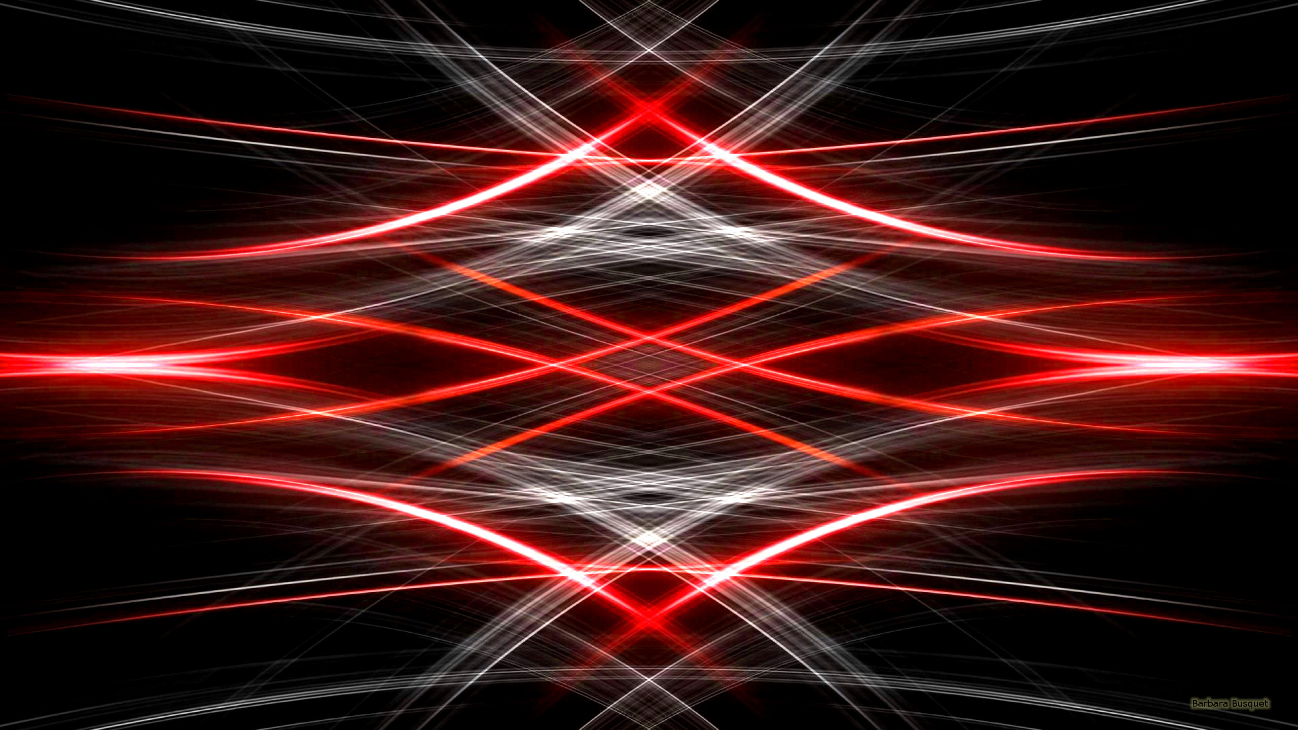 2560x1440 Black abstract wallpaper with red and white lights. The lines are mirrored.