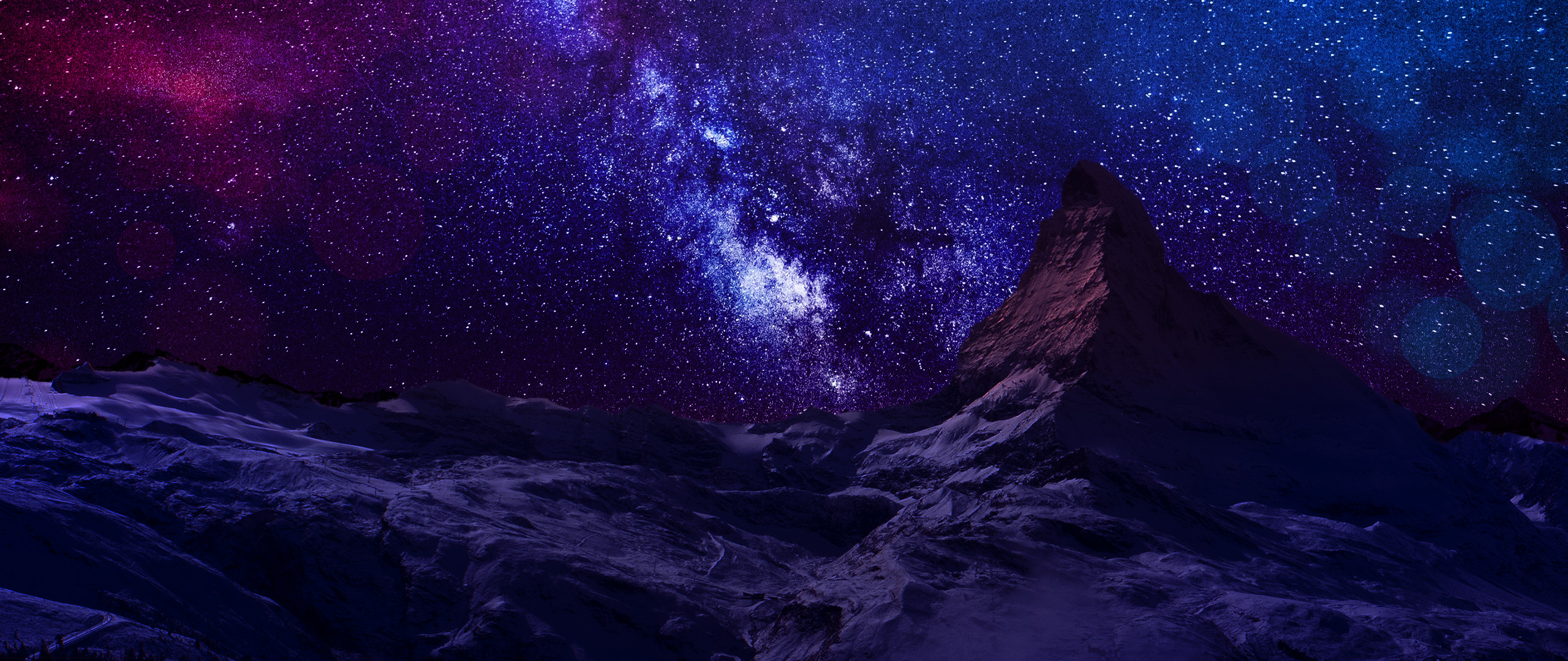 2560x1080 Earth - Sky Hill Snow Blue Pink Mountain Night Star Stars Purple Wallpaper