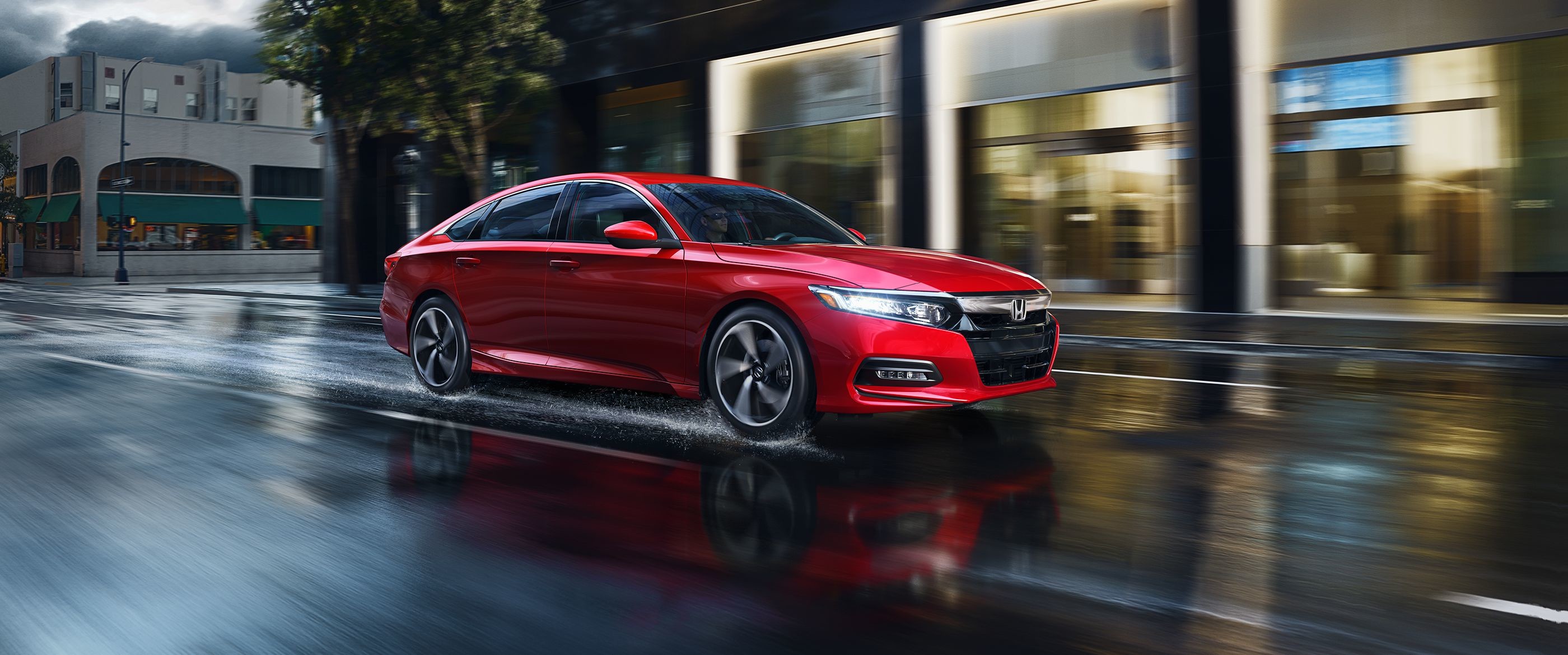2800x1170 2019 Honda Accord red color side view on highway in city in rain water on  road
