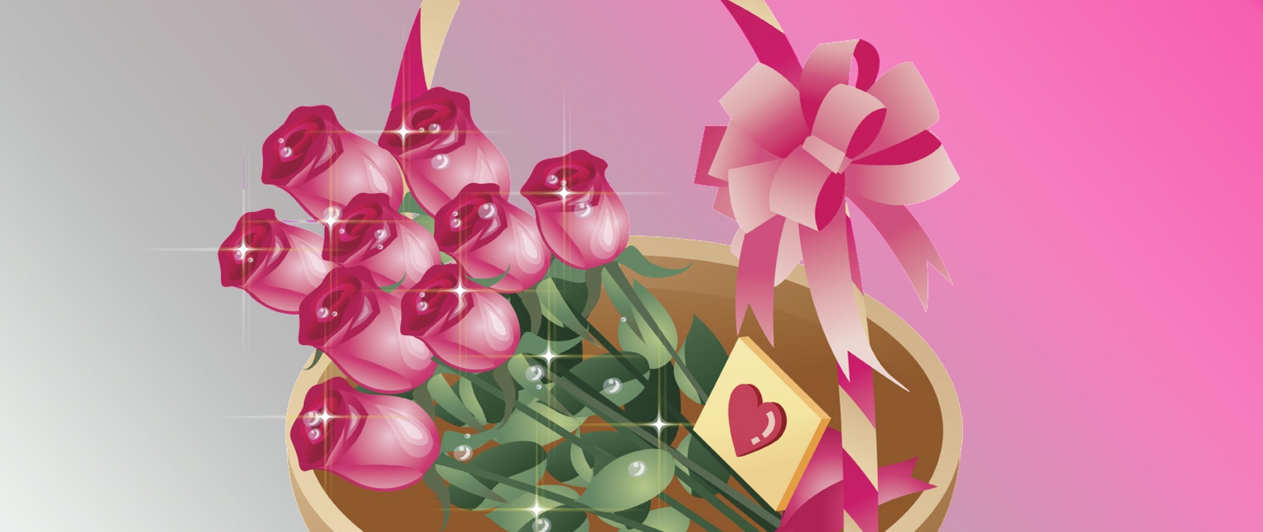 2560x1080  Wallpaper bouquet, roses, basket, pink