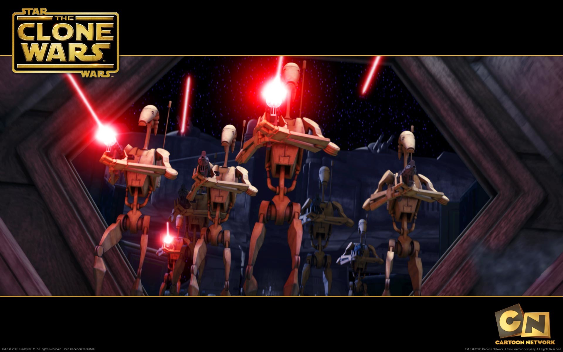 1920x1200 wallpaper picture of a group of battle droids firing their guns