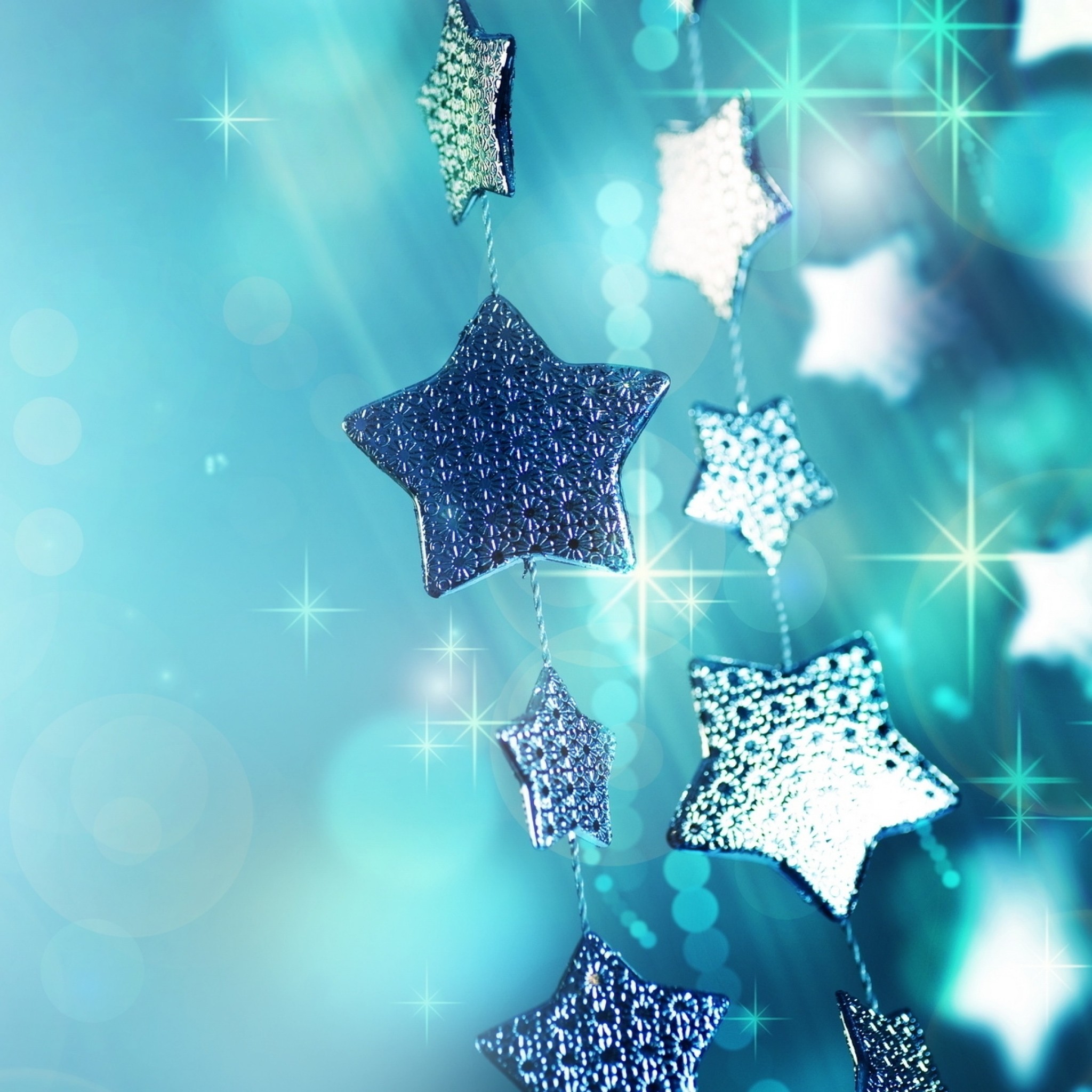 2048x2048 Preview wallpaper glitter, garland, blue, christmas ornaments, stars,  sparks, macro