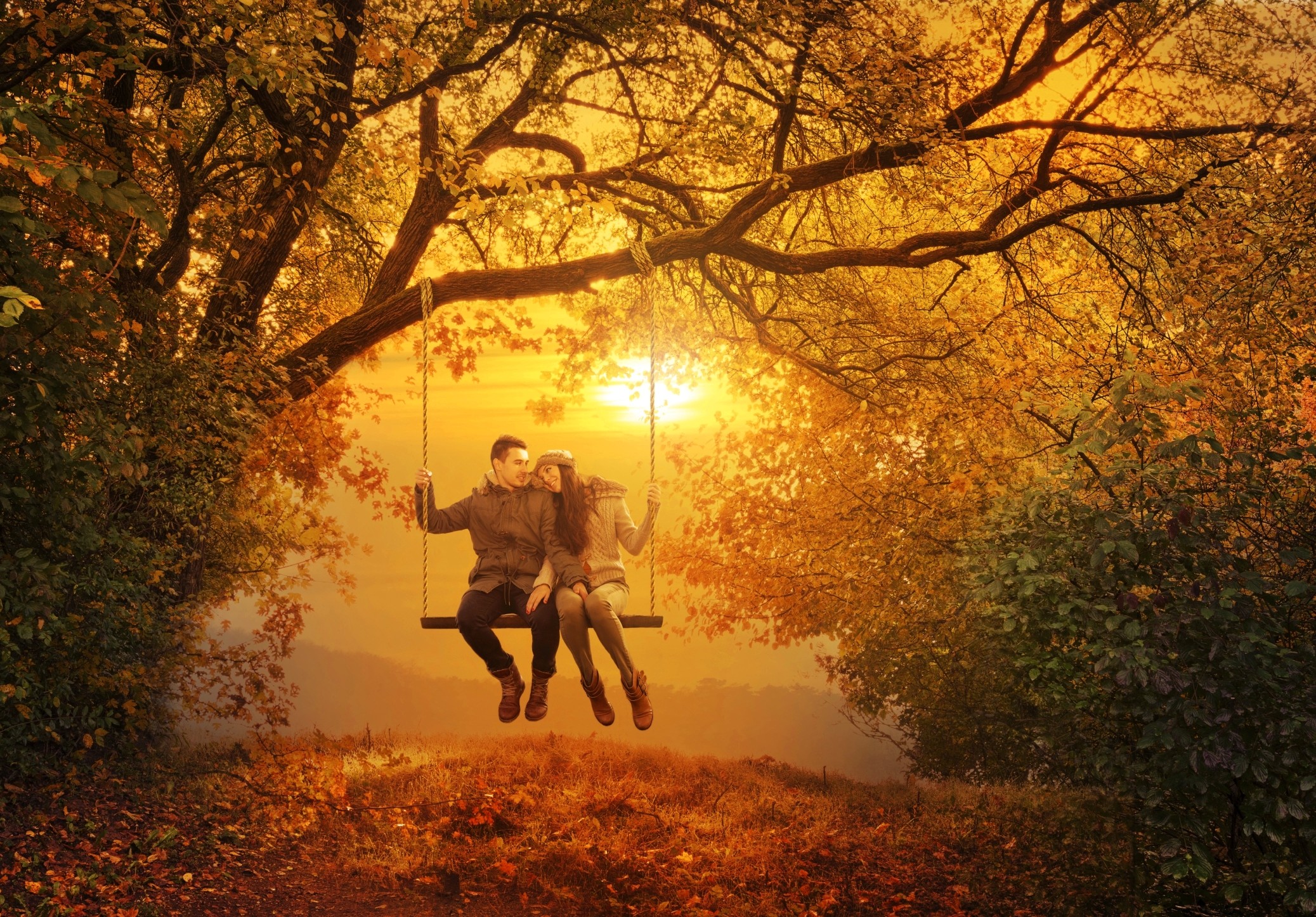 2075x1447 Couple Enjoy Sunset Autumn Wallpaper Wallpaper