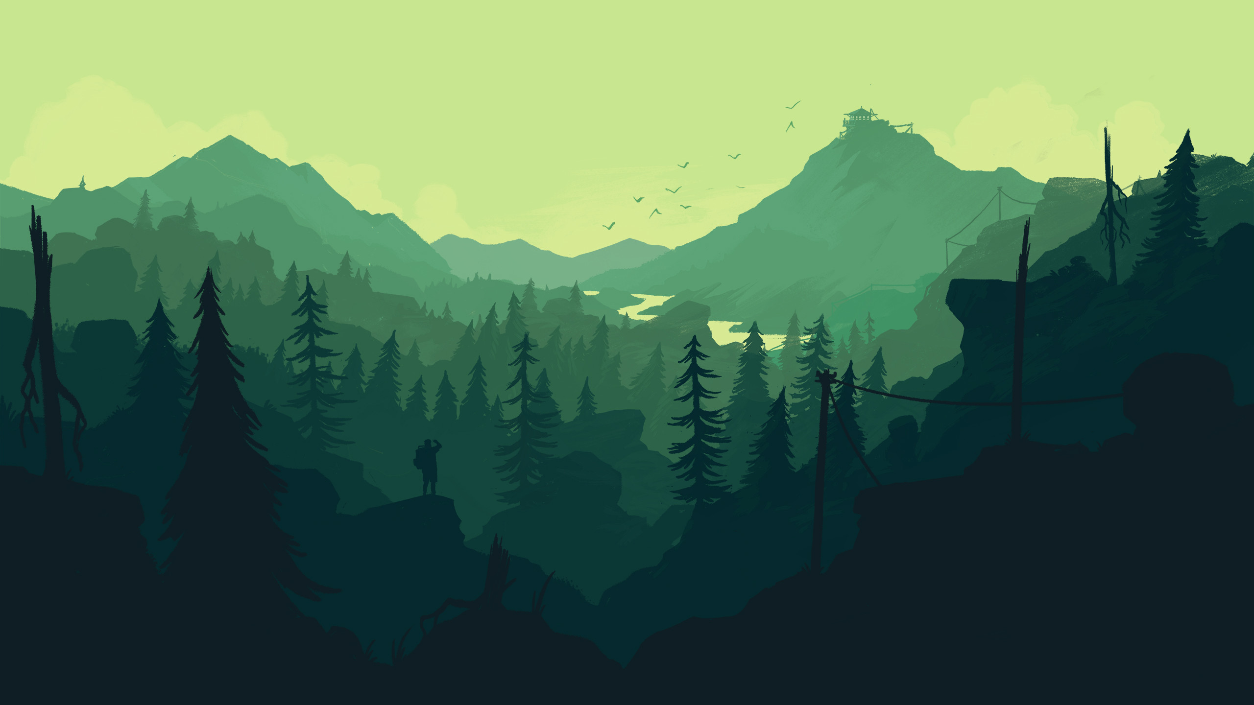 2560x1440 Firewatch videogame wallpaper. Colorful landscape wallpaper, mountains,  forest, trees, nature.