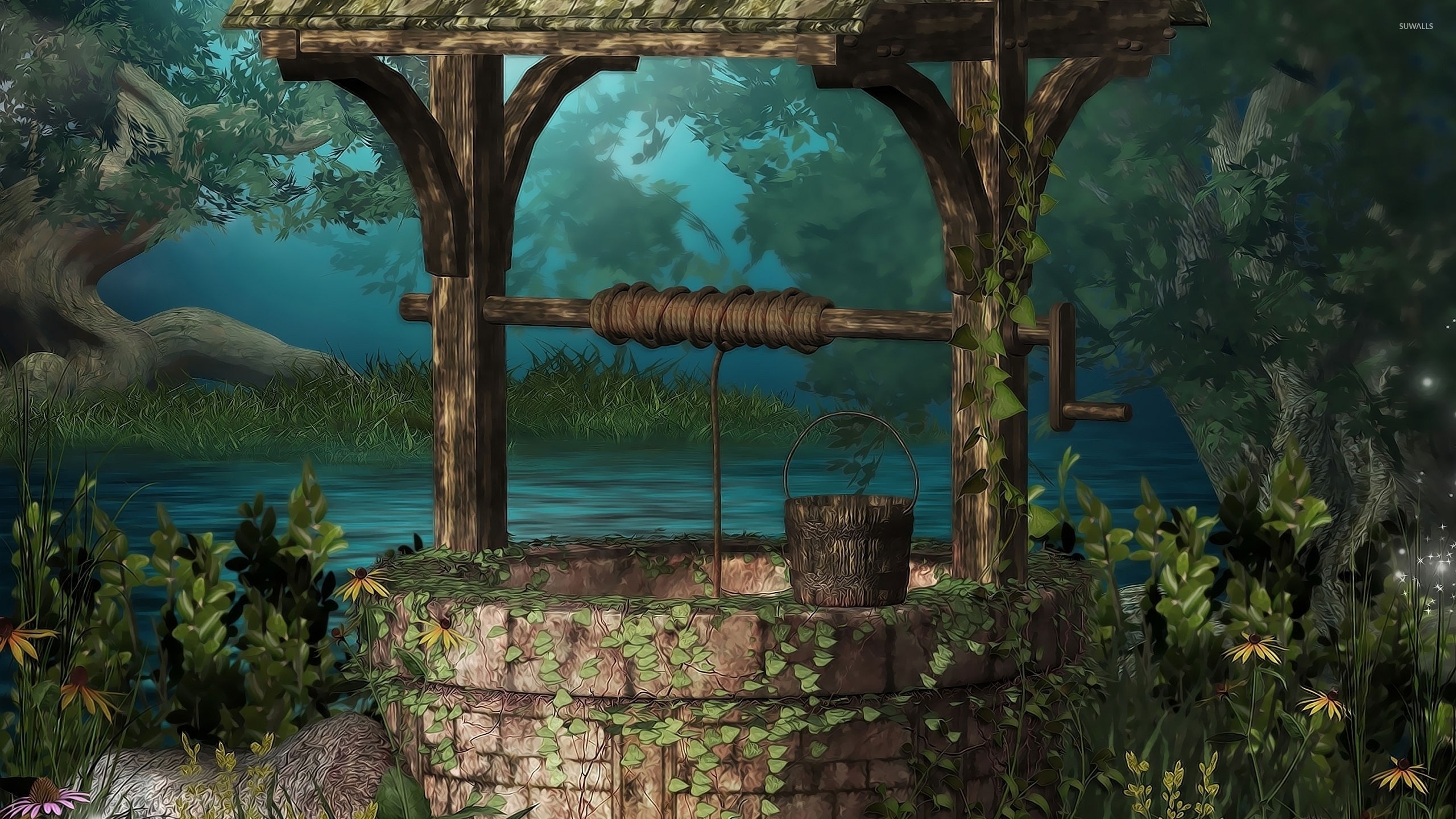 2560x1440 Old well hidden in the magical forest wallpaper