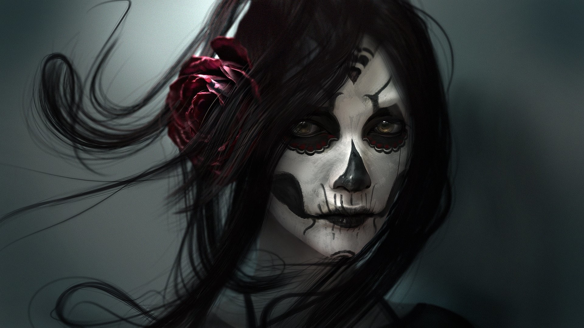 1920x1080 Girl have a tattoo like a horror shape and also rose flower in the long  black