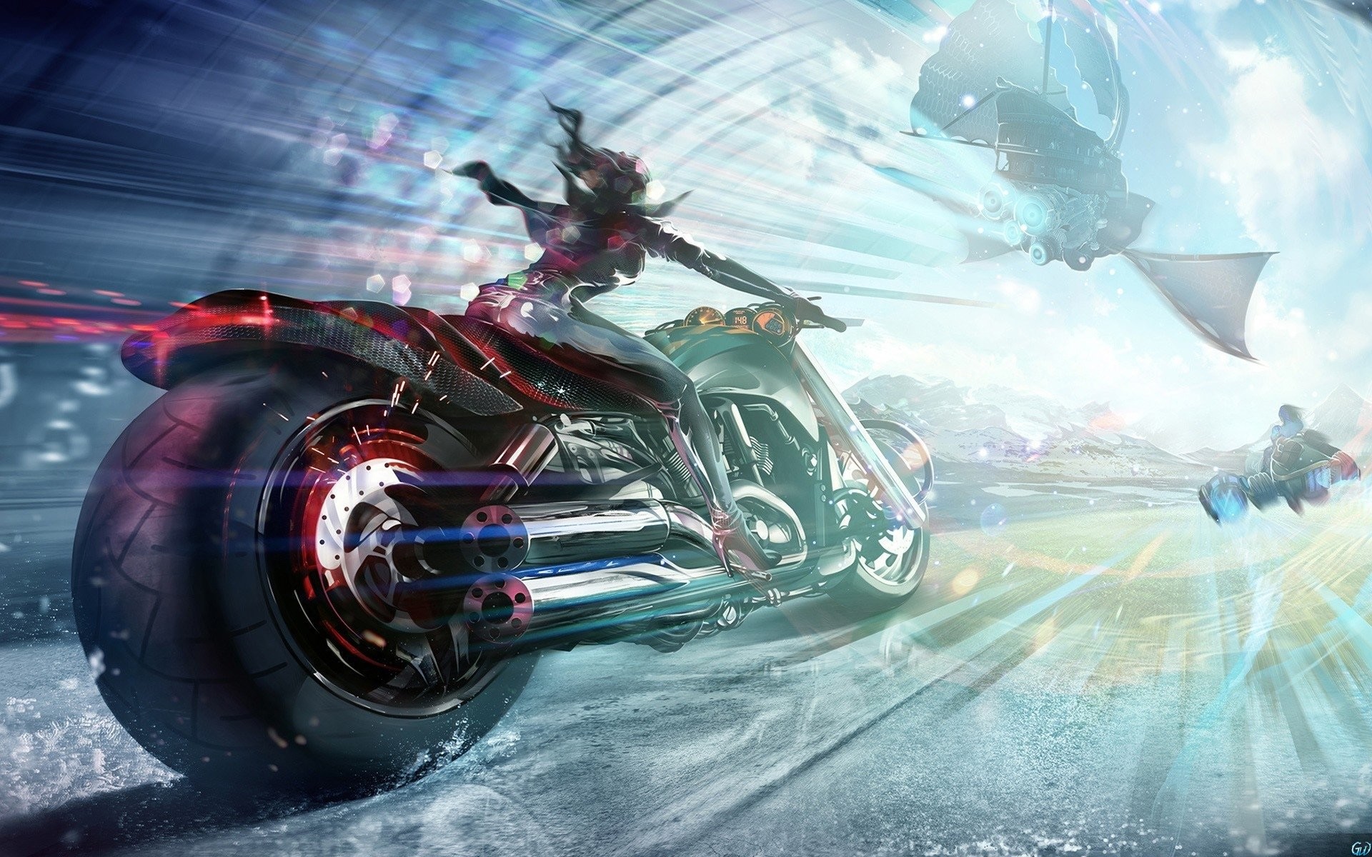 1920x1200 Futuristic Bike Girl Wallpaper featuring motorbikes, flying boats and jet  cars. This stunning digital artwork is a fast-paced and colorful wallpaper.