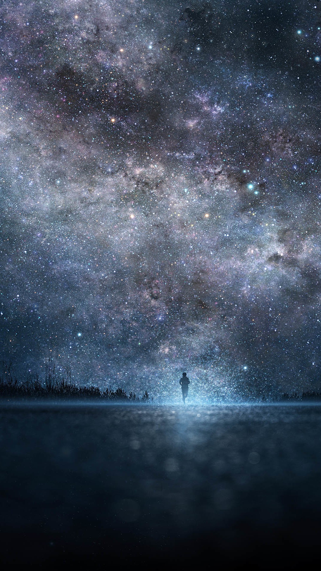 1080x1920 Amazing Shiny Starry Skyscape Lonely Man Shadow #iPhone #6 #plus #wallpaper