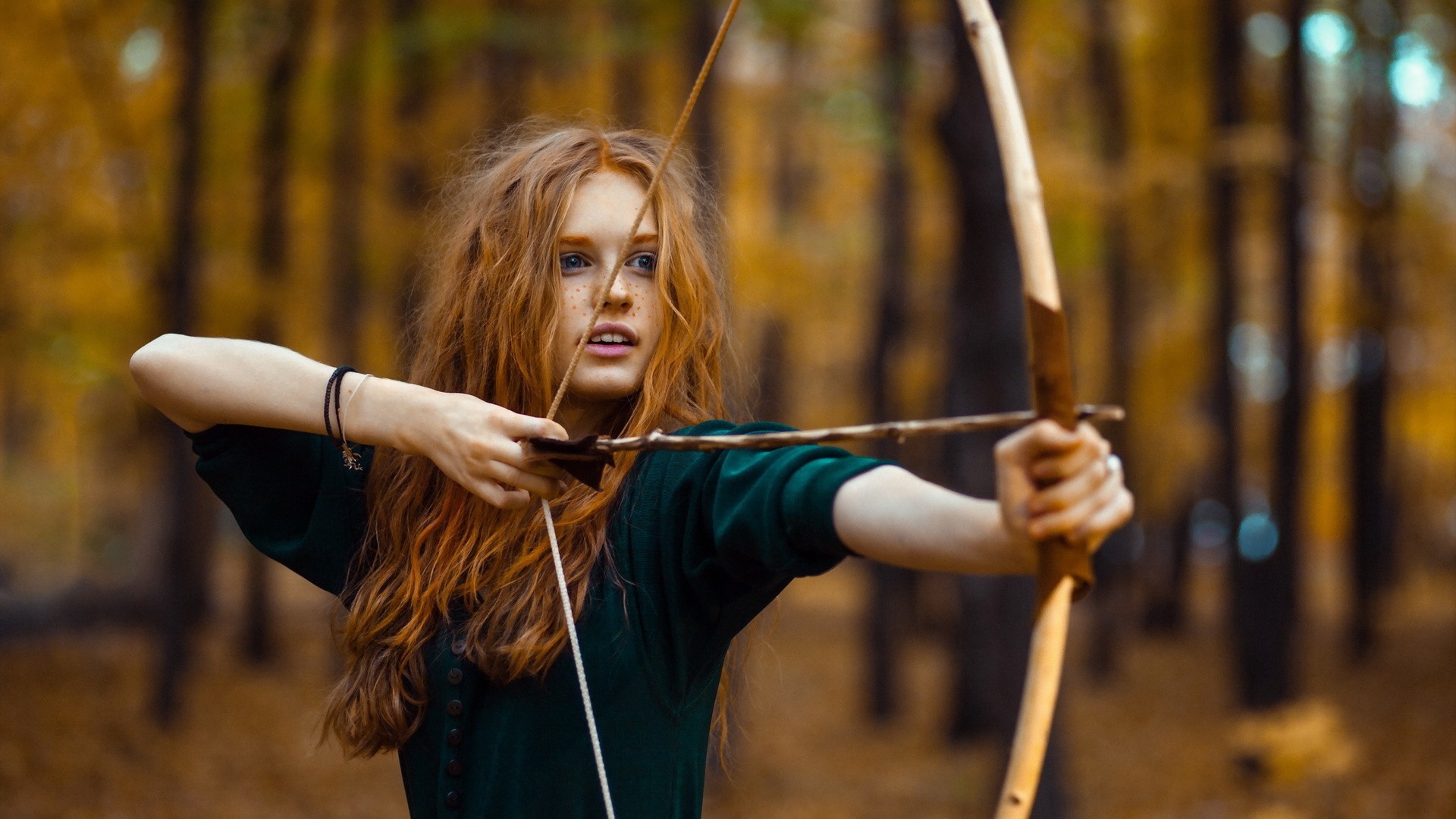 1920x1080 women long hair wavy hair redhead bow and arrow