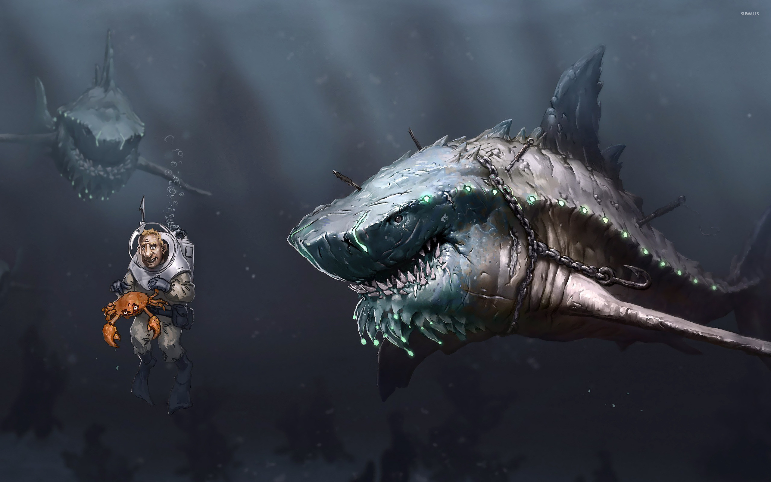 2560x1600 Sharks attacking the diver wallpaper