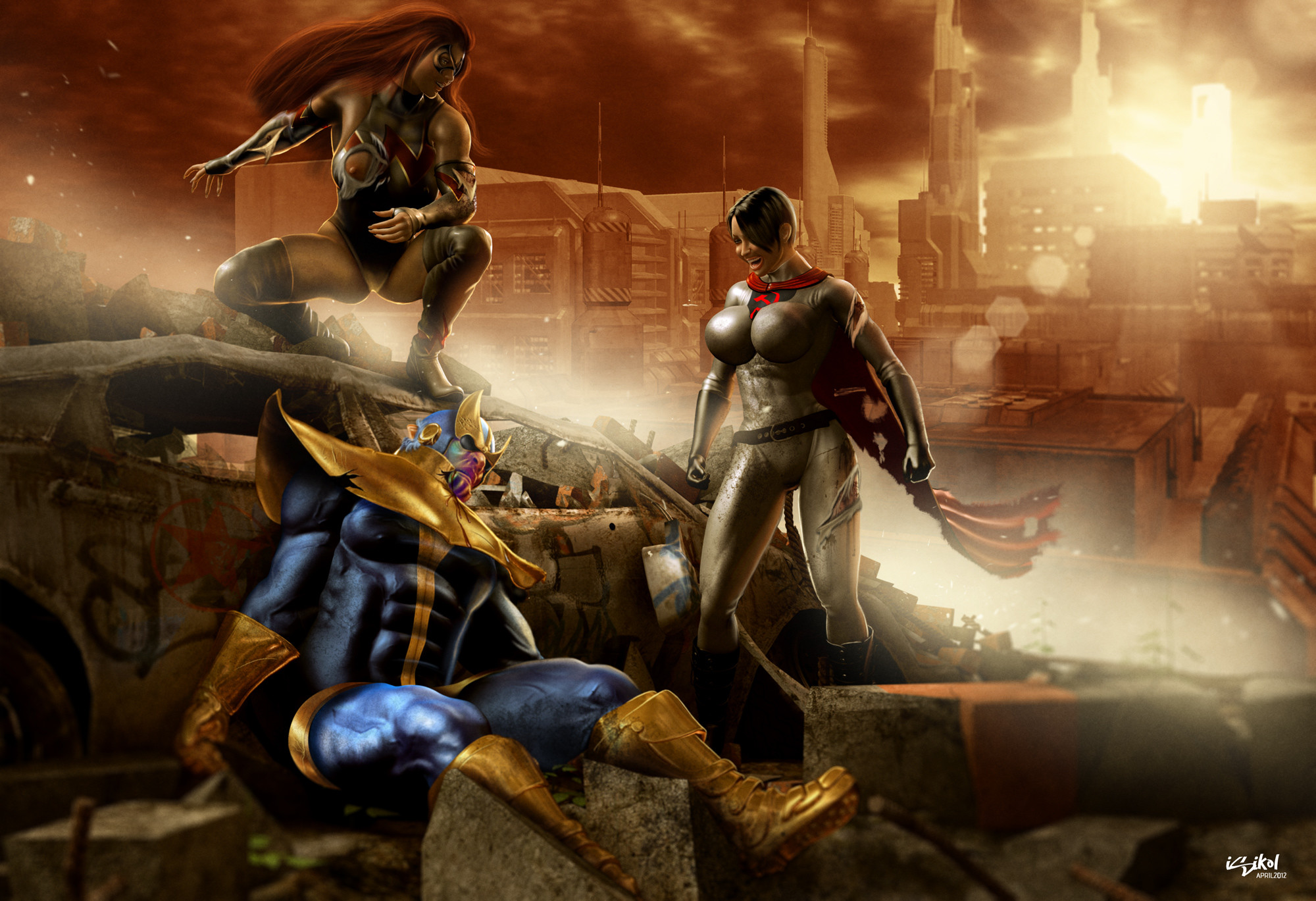 2000x1369 ... THANOS VS WALKYRIA AND SSW by ISIKOL