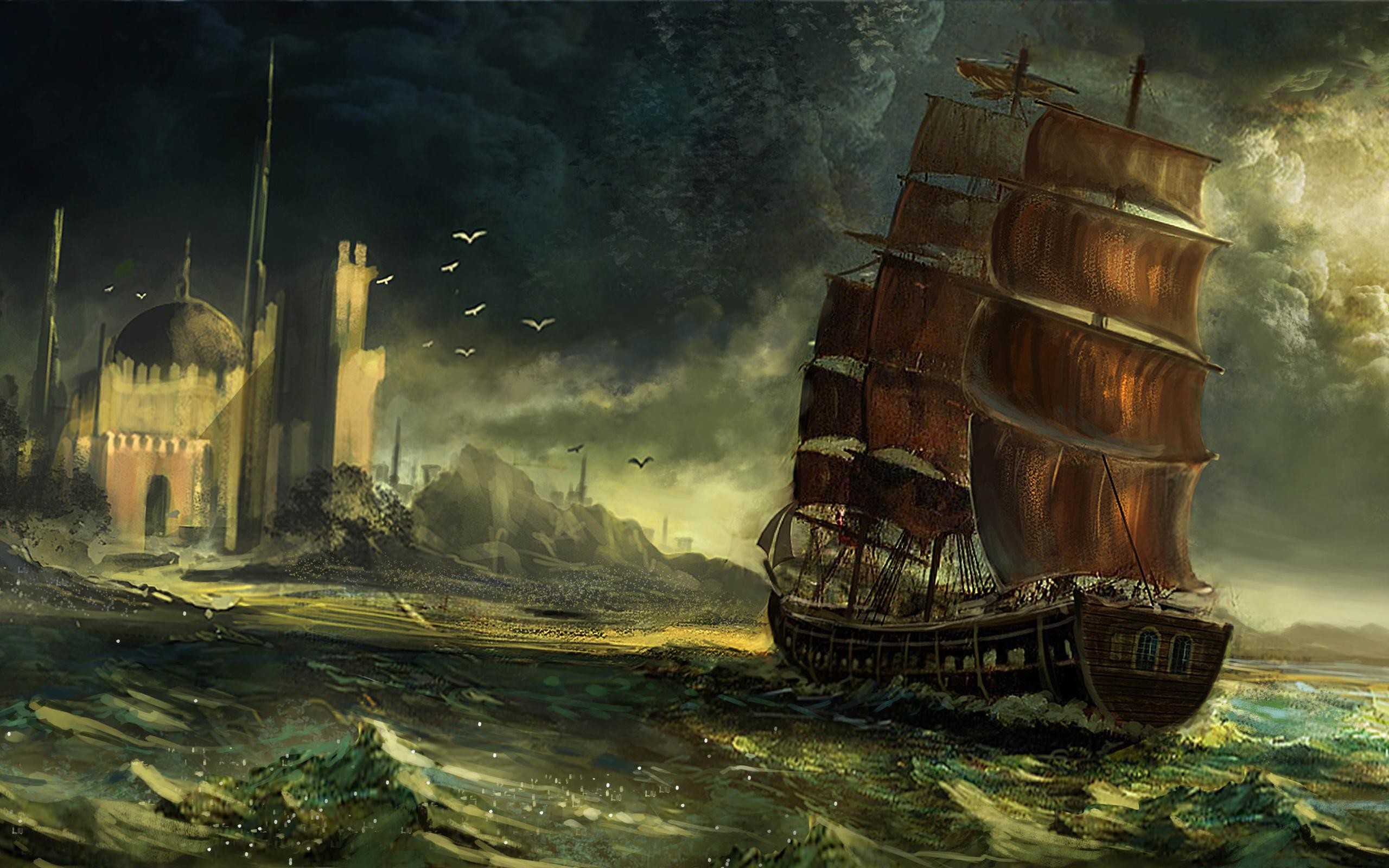 Wallpaper ID: 1024322 / moon, pirate ship, waves, ship, water, sea, fantasy  art, 1080P, fantasy, wave free download