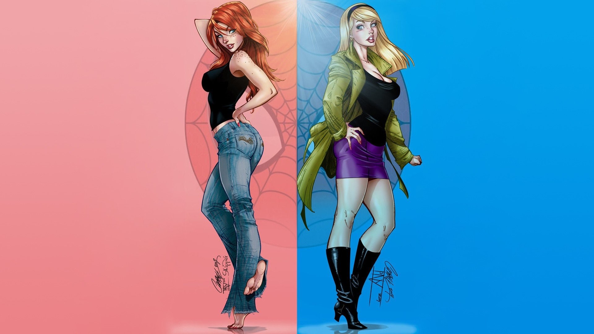 1920x1080 Mary Jane, Gwen Stacy, J. Scott Campbell, Women, Spider Man, Marvel Comics,  Pink, Blue, Collage, Artwork HD Wallpapers / Desktop and Mobile Images &  Photos
