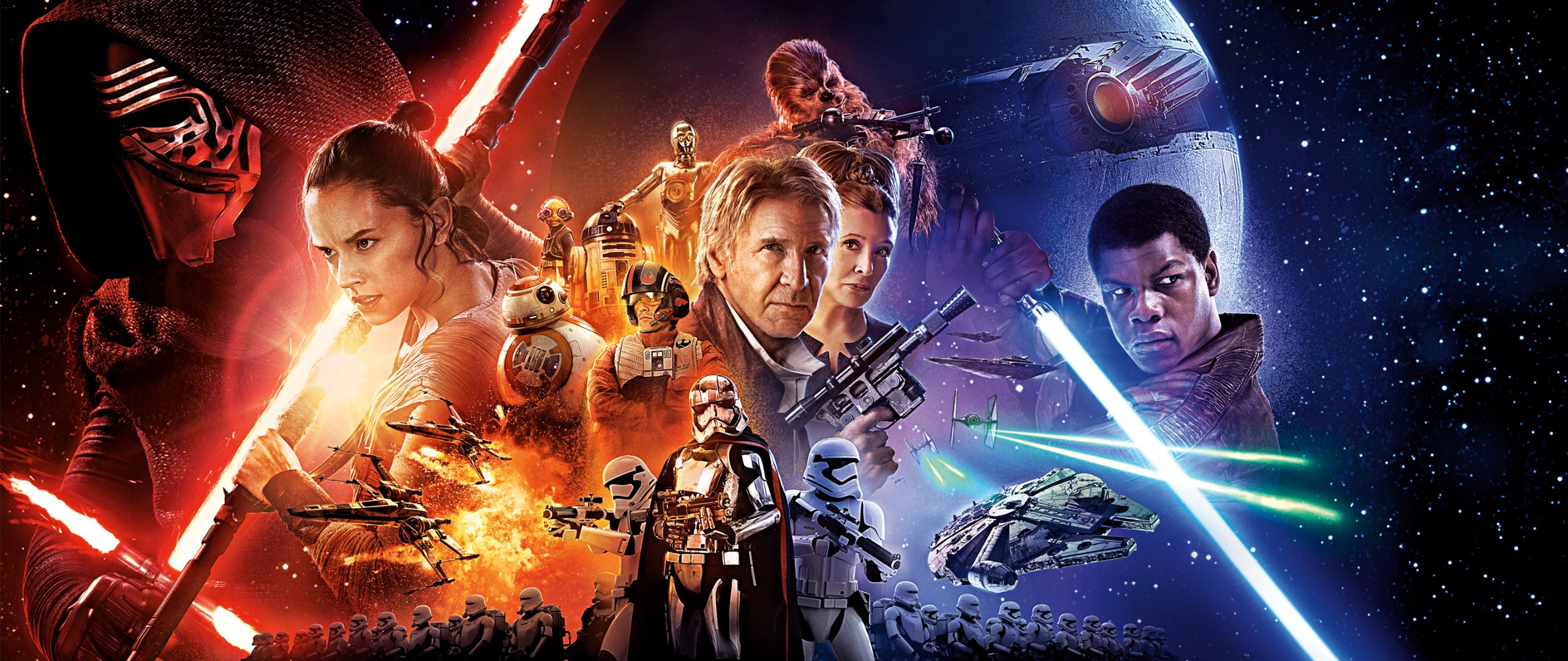 2560x1080 Preview wallpaper star wars, the force awakens, main characters 
