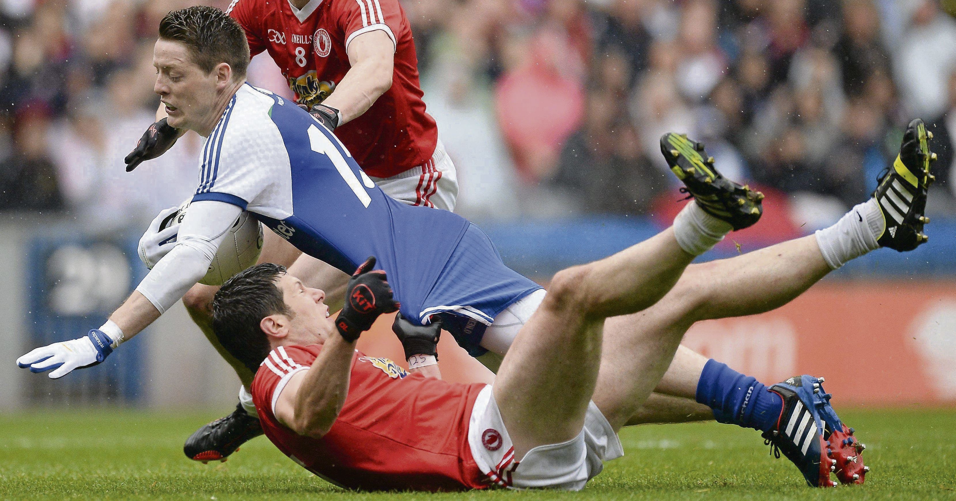 3319x1740 Conor McManus, Monaghan, is tackled by Sean Cavanagh, Tyrone