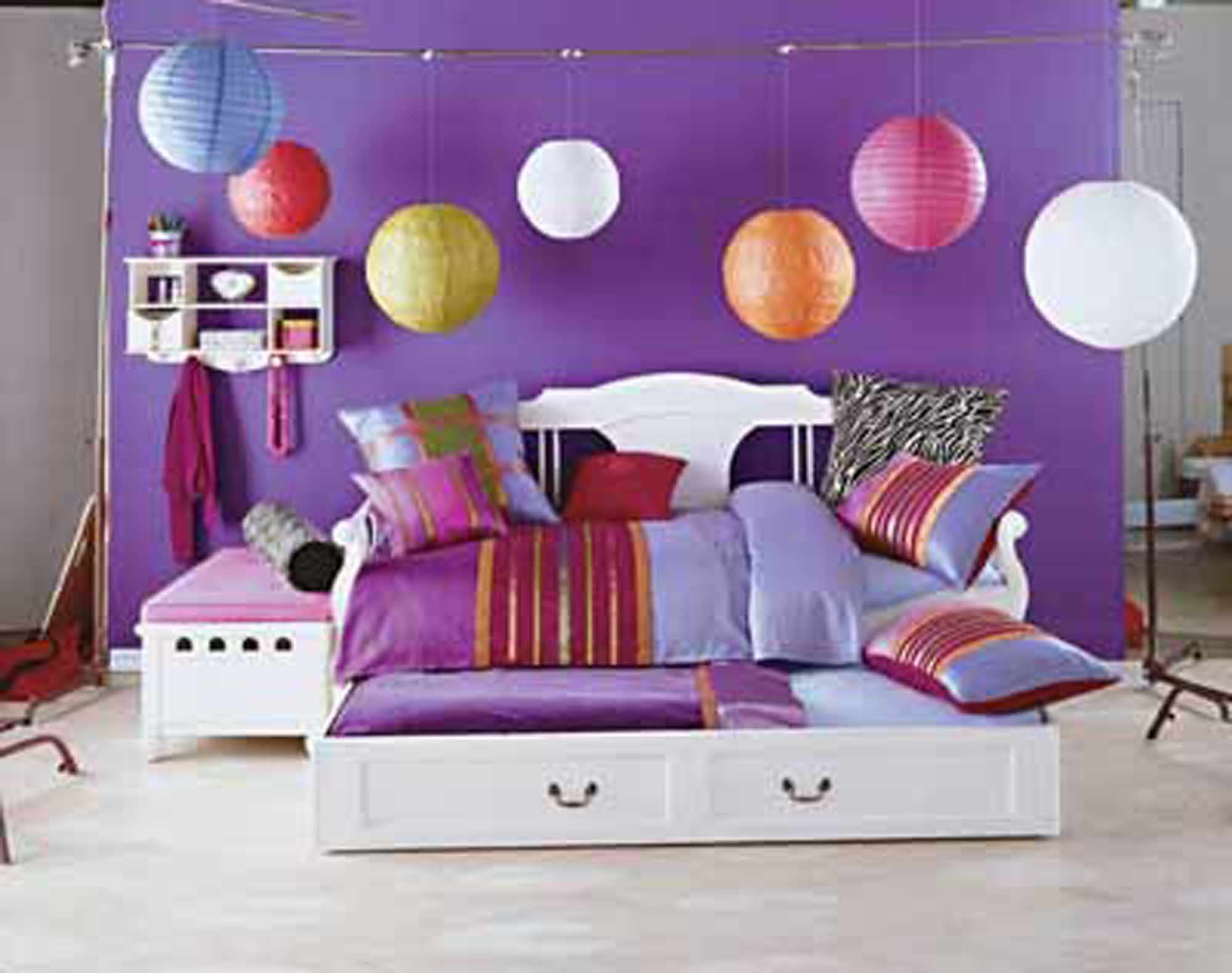 2000x1580 Purple Wall Paint In Teenage Girls Bedroom With Colorful Pendant Lamp Of  Lantern Also White Bedstead ...