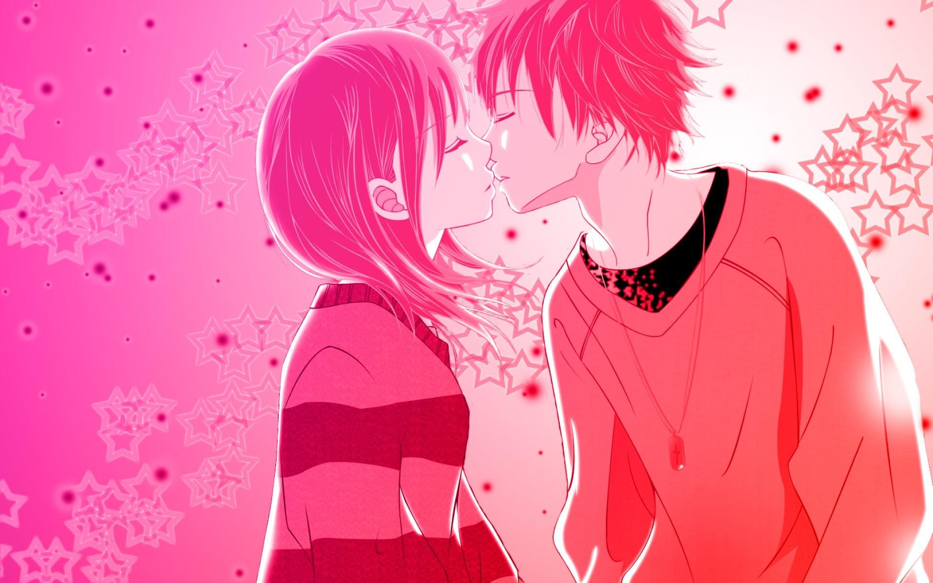 1920x1200 love anime kiss pink wallpaper