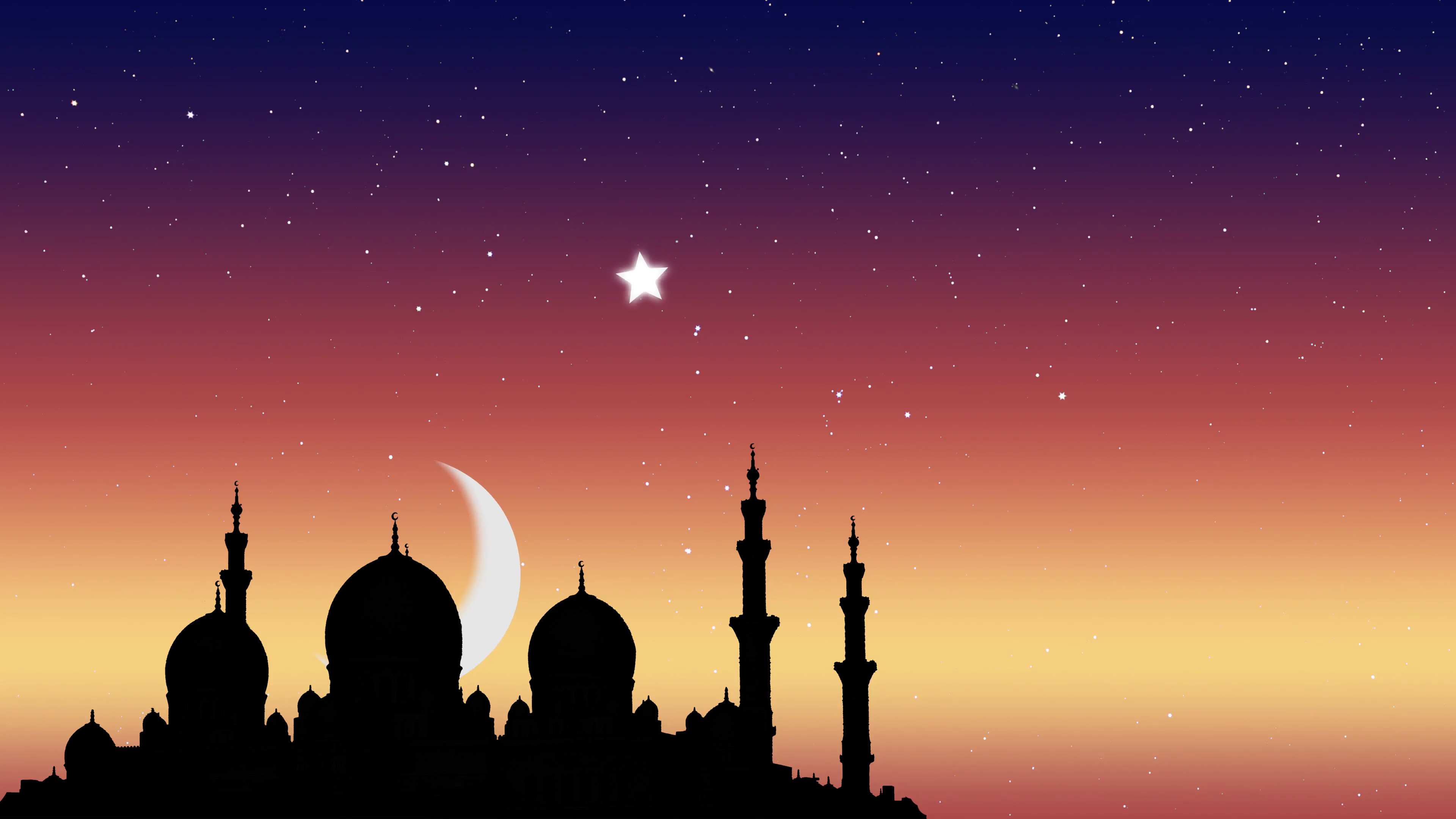 3840x2160 Ramadan Kareem islamic background. Moonrise over the mosque and the light  of the stars. Motion Background - VideoBlocks