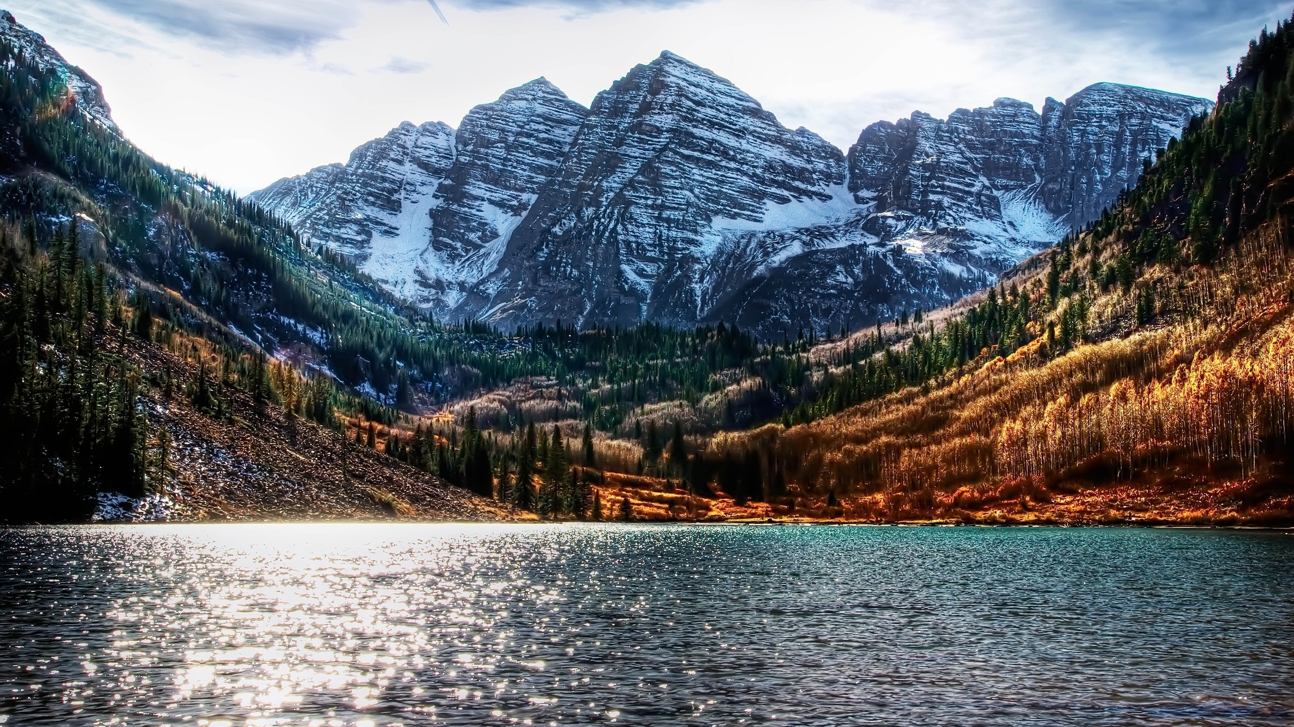 2560x1440 Colorado lakes HDR photography brightness Maroon Bells wallpaper .