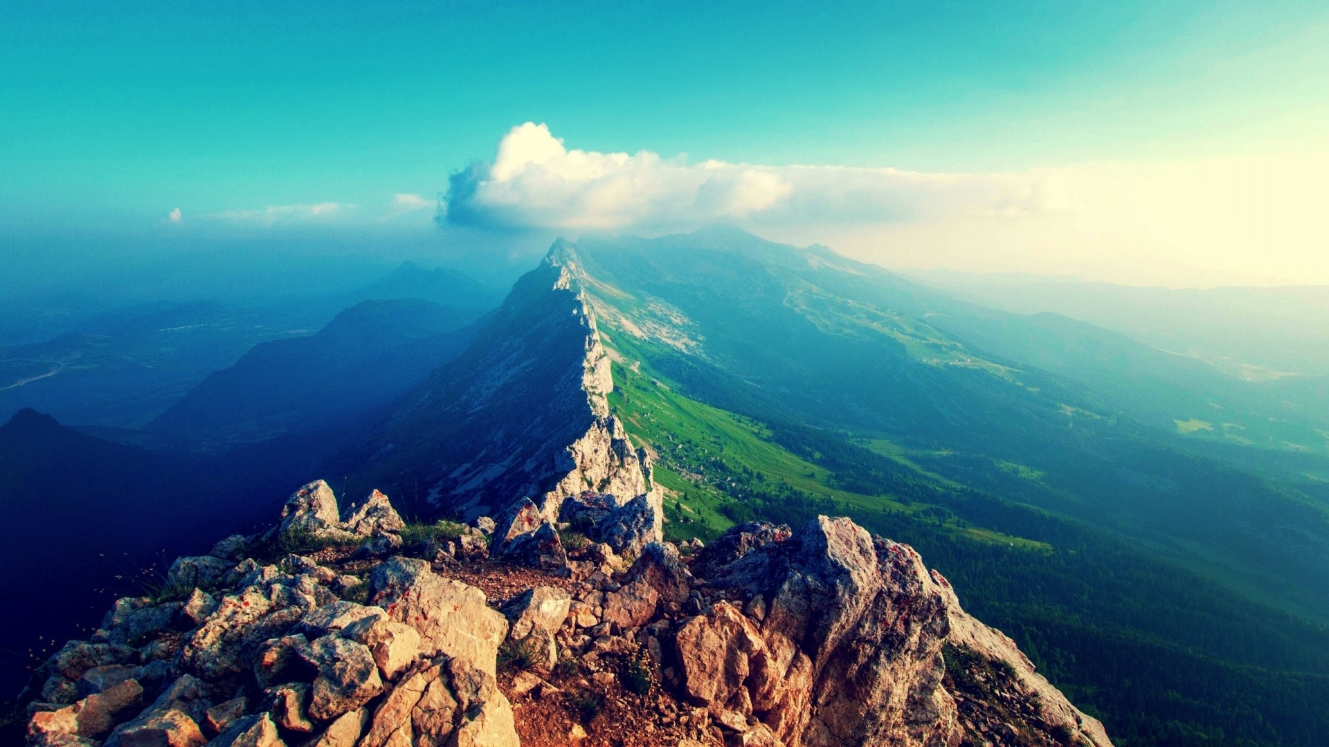 1920x1080 Preview wallpaper mountains, sky, clouds, mountain range, stones 