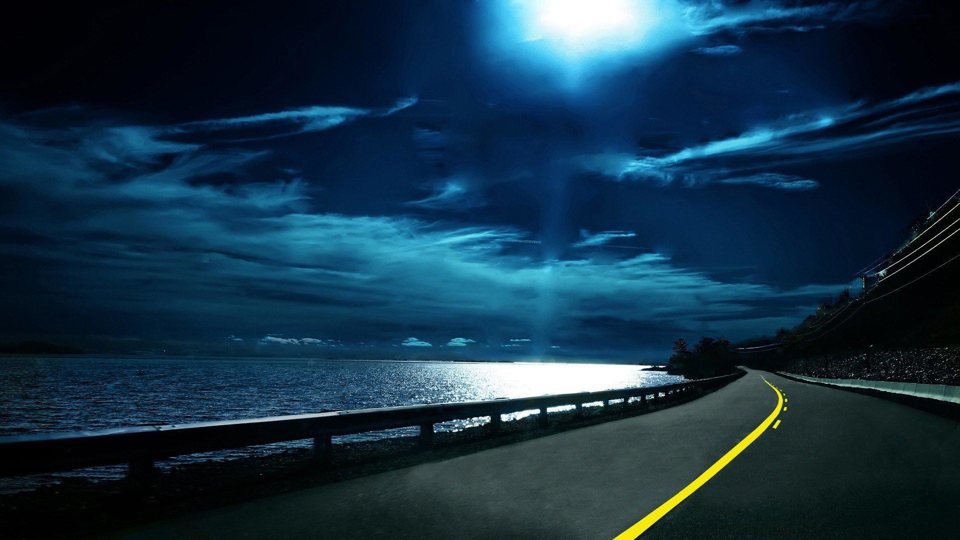 1920x1080 HD Ocean Clouds Night Moon Roads Download Wallpaper