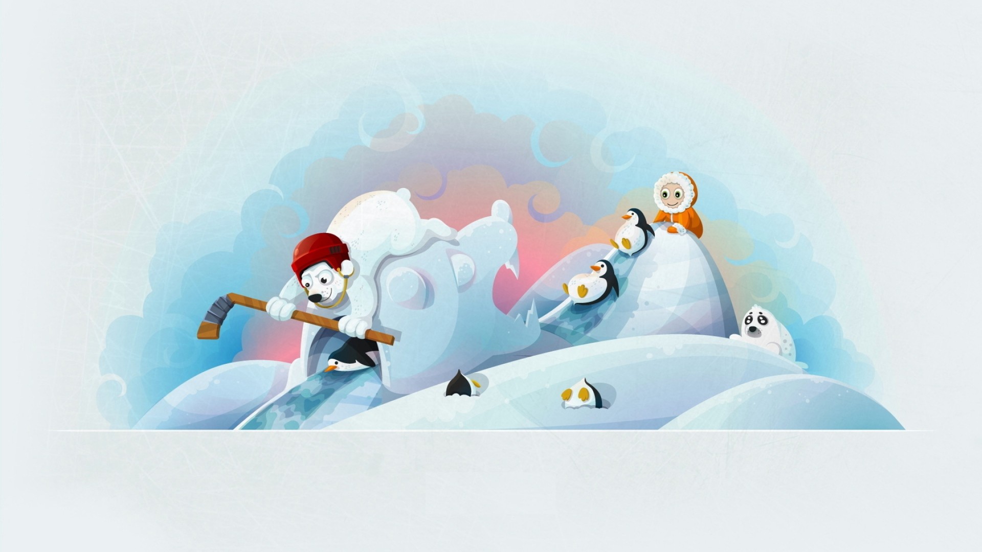 1920x1080  Wallpaper winter, bears, hockey, hockey stick, baby, penguin, fun