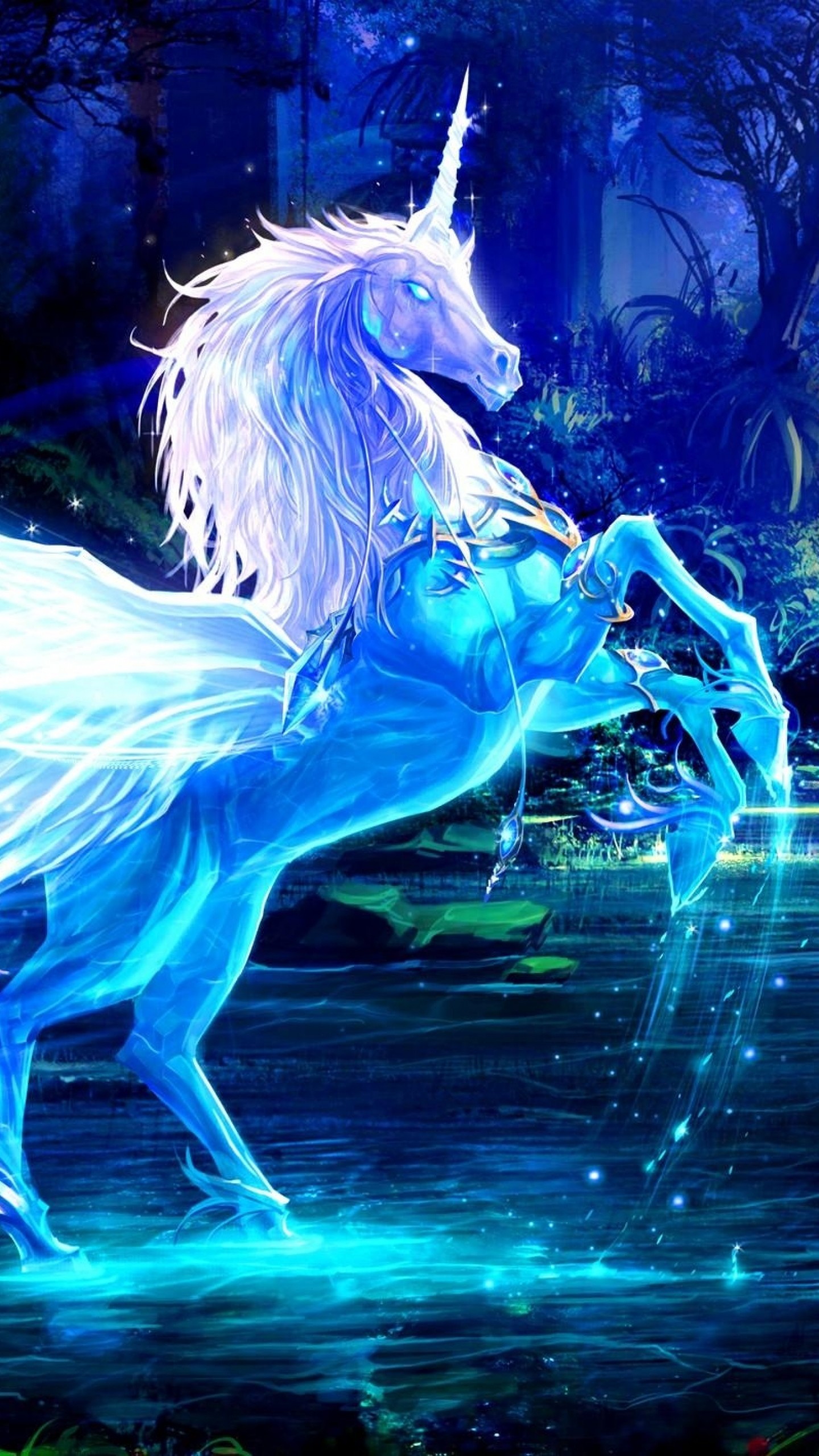 1440x2560 Preview wallpaper unicorn, water, forest, night, magic 