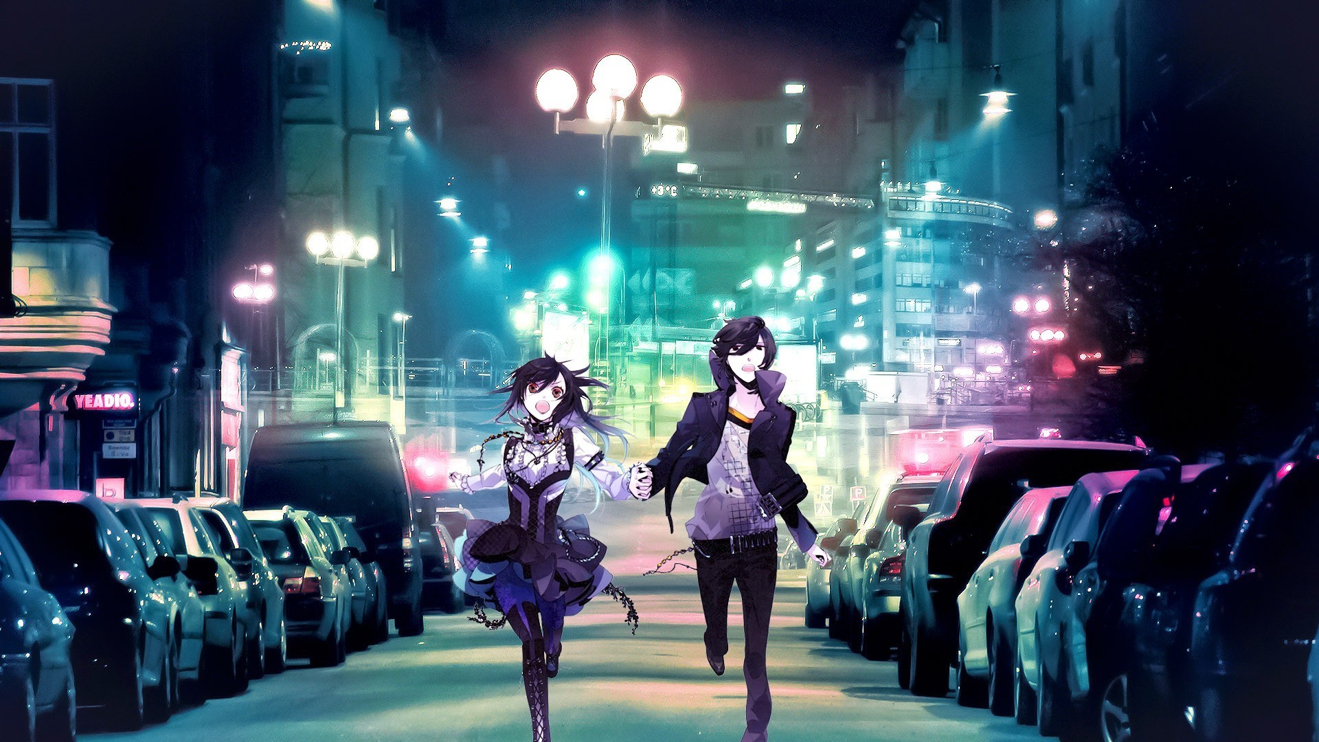 1920x1080 Nightcore Lights anime girl boy cars night city run