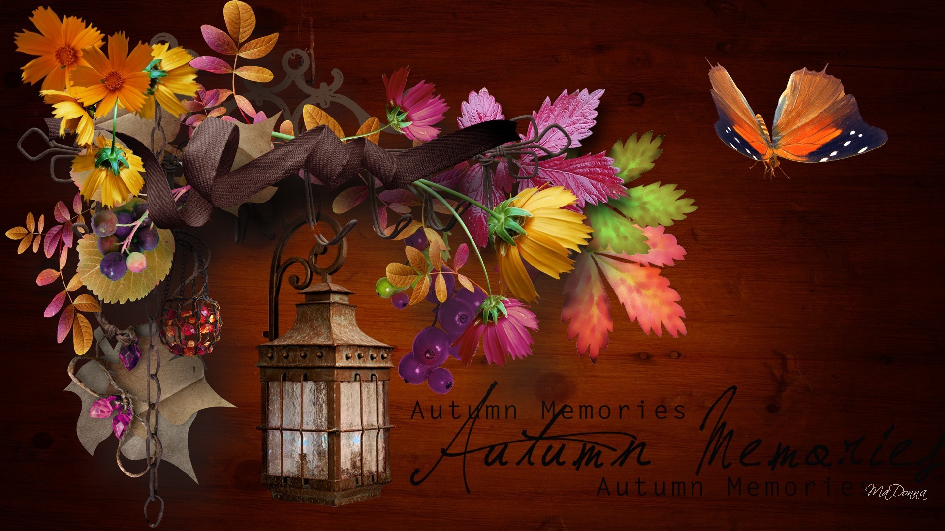 1920x1080 #889944 Color - Autumn Ribbon Fall Fleurs Collage Papillon Leaves Swag  Memories Orange Flowers Bouquet