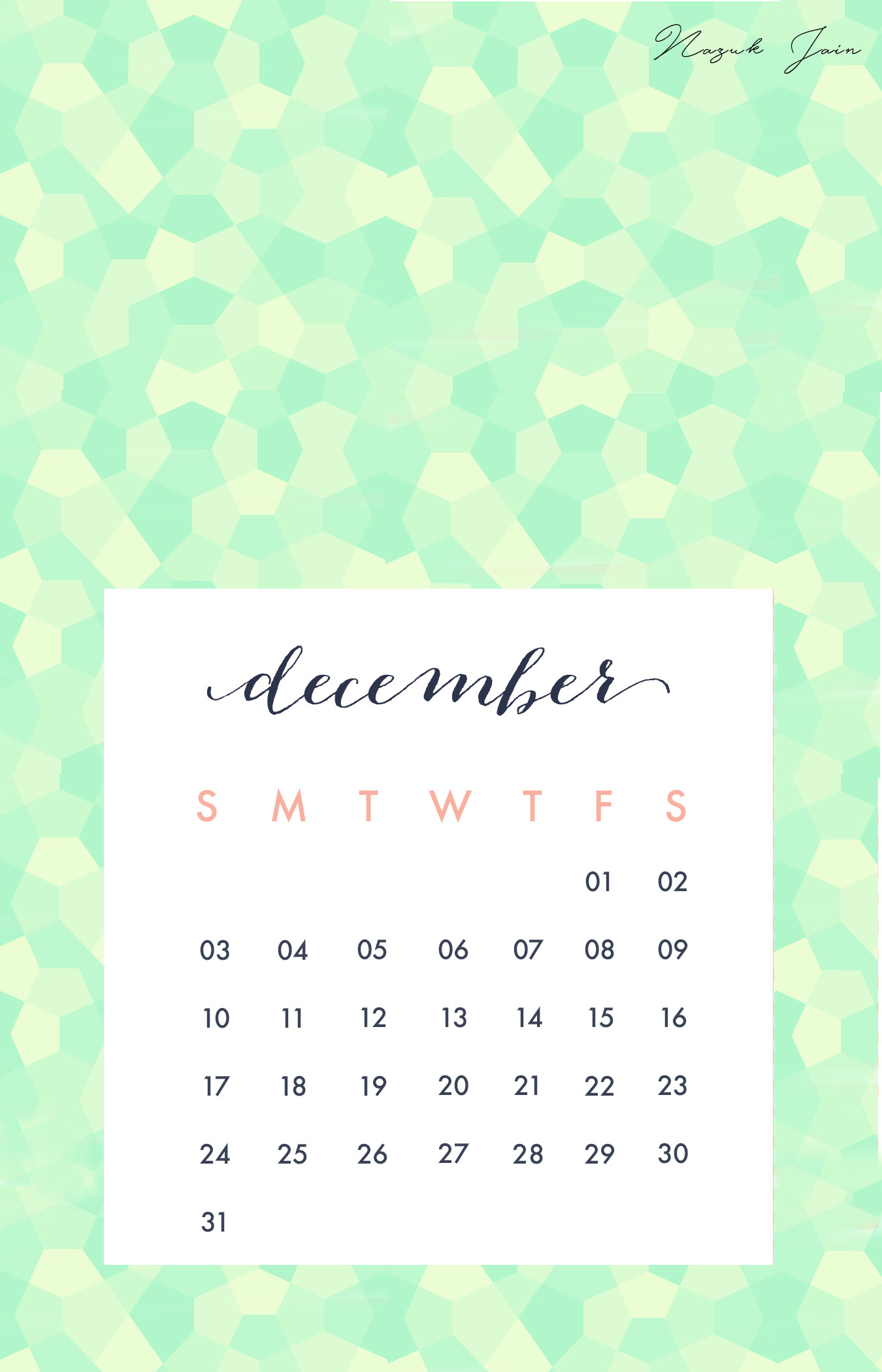1350x2100 December - Free Calendar Printables 2017 by Nazuk Jain