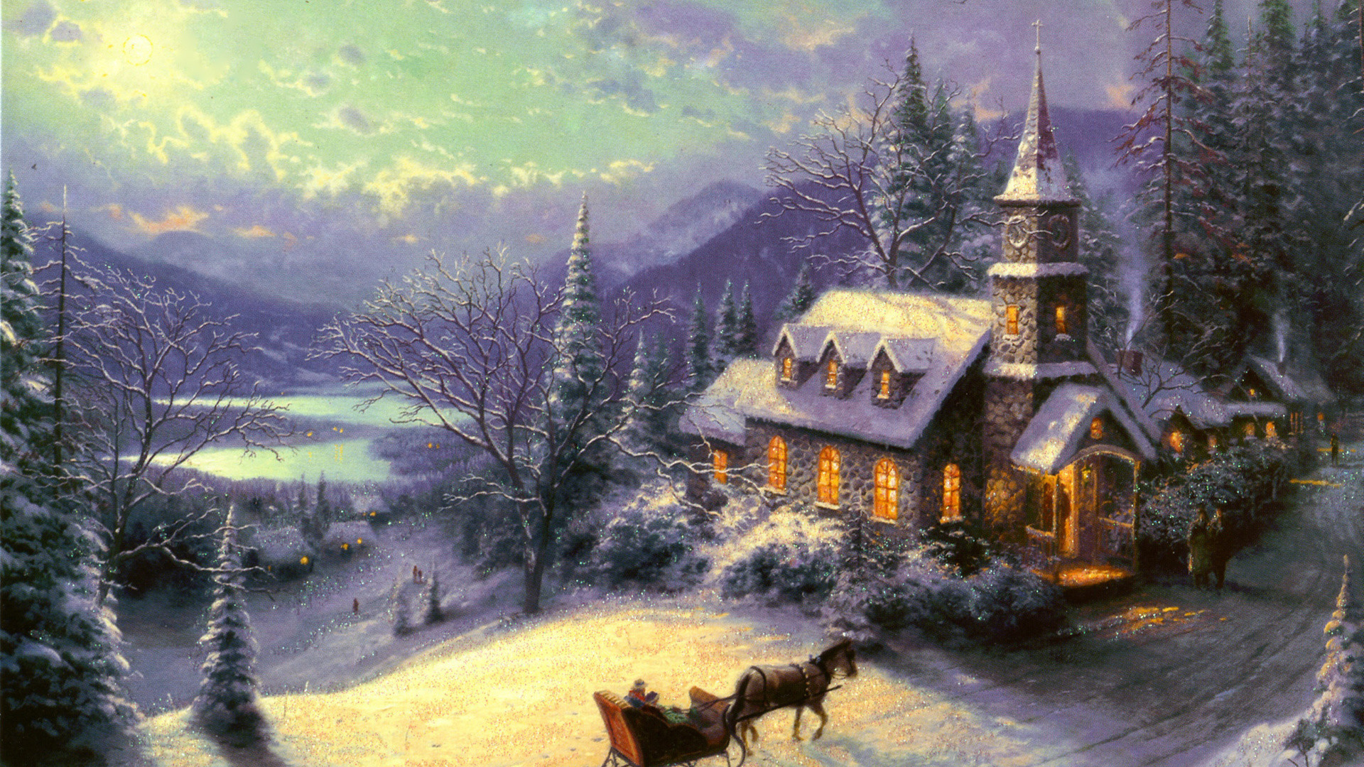 1920x1080 Thomas Kinkade Wallpaper, painting, winter, moon, snow, house, chapel