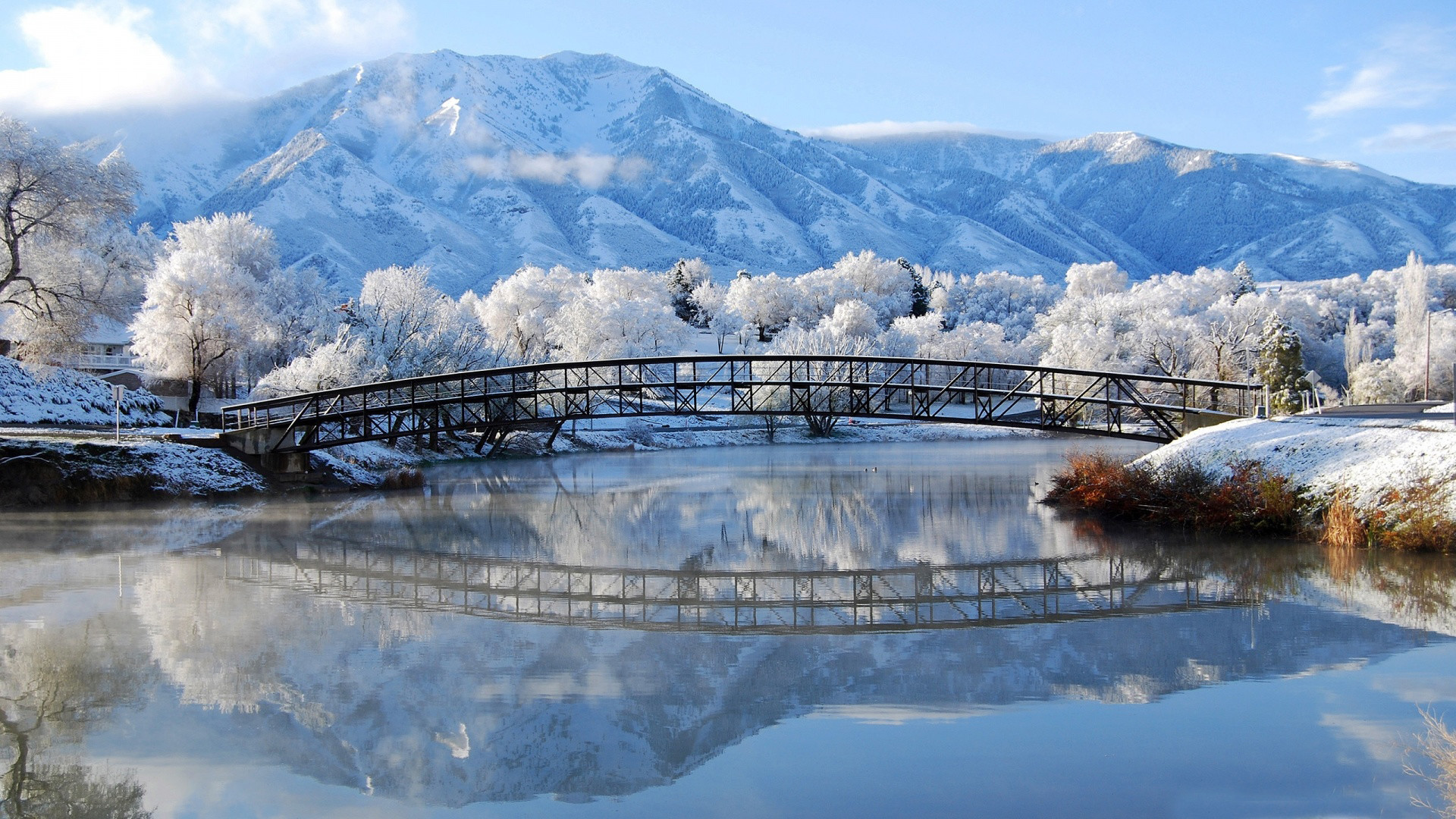 1920x1080 Beautiful Winter Mountain Lake Bridge Scenes for Desktop Wallpapers