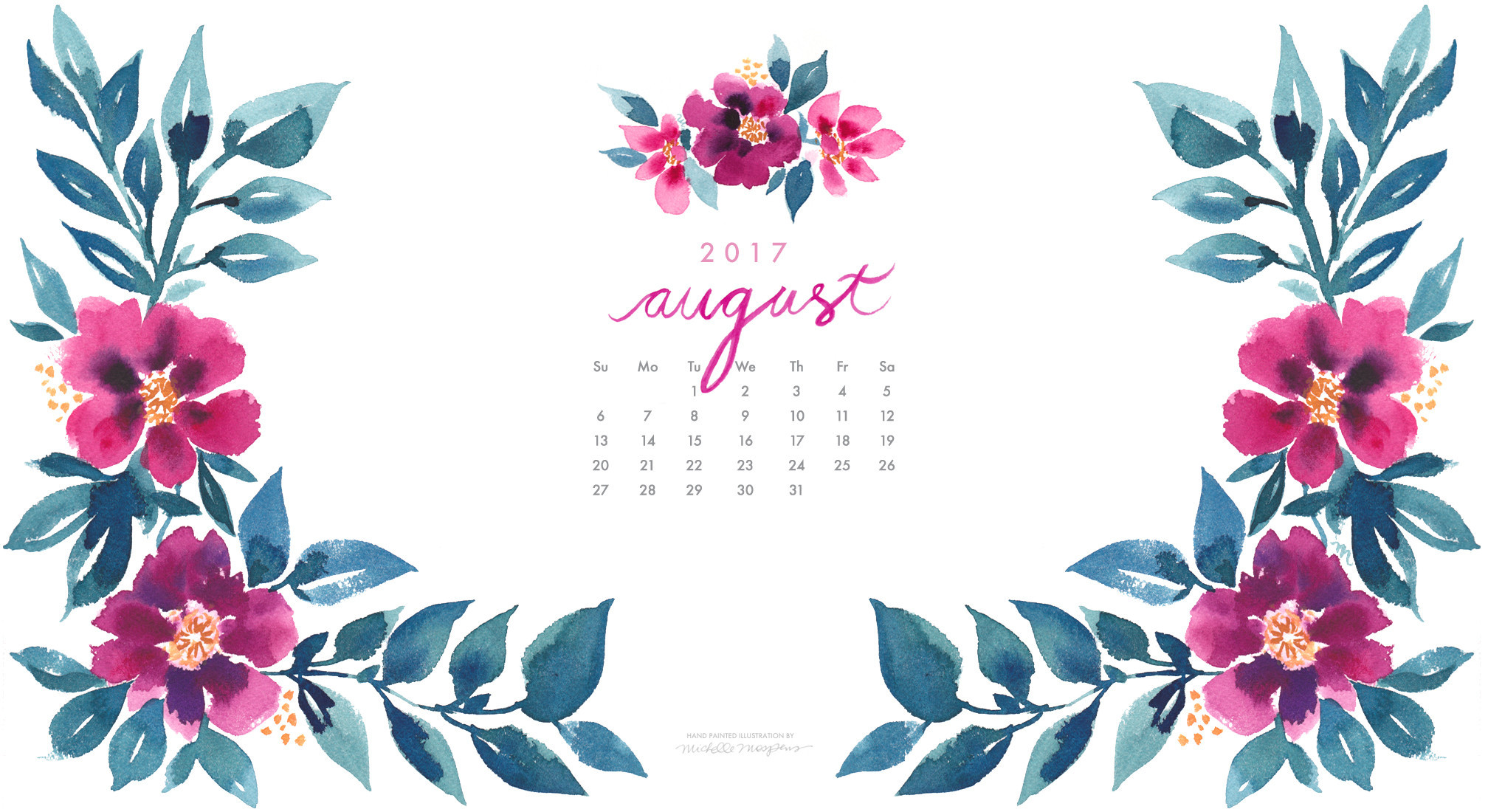 2016x1100  Pretty posy watercolor August 2017 calendar wallpaper for your  computer. 100% original art by