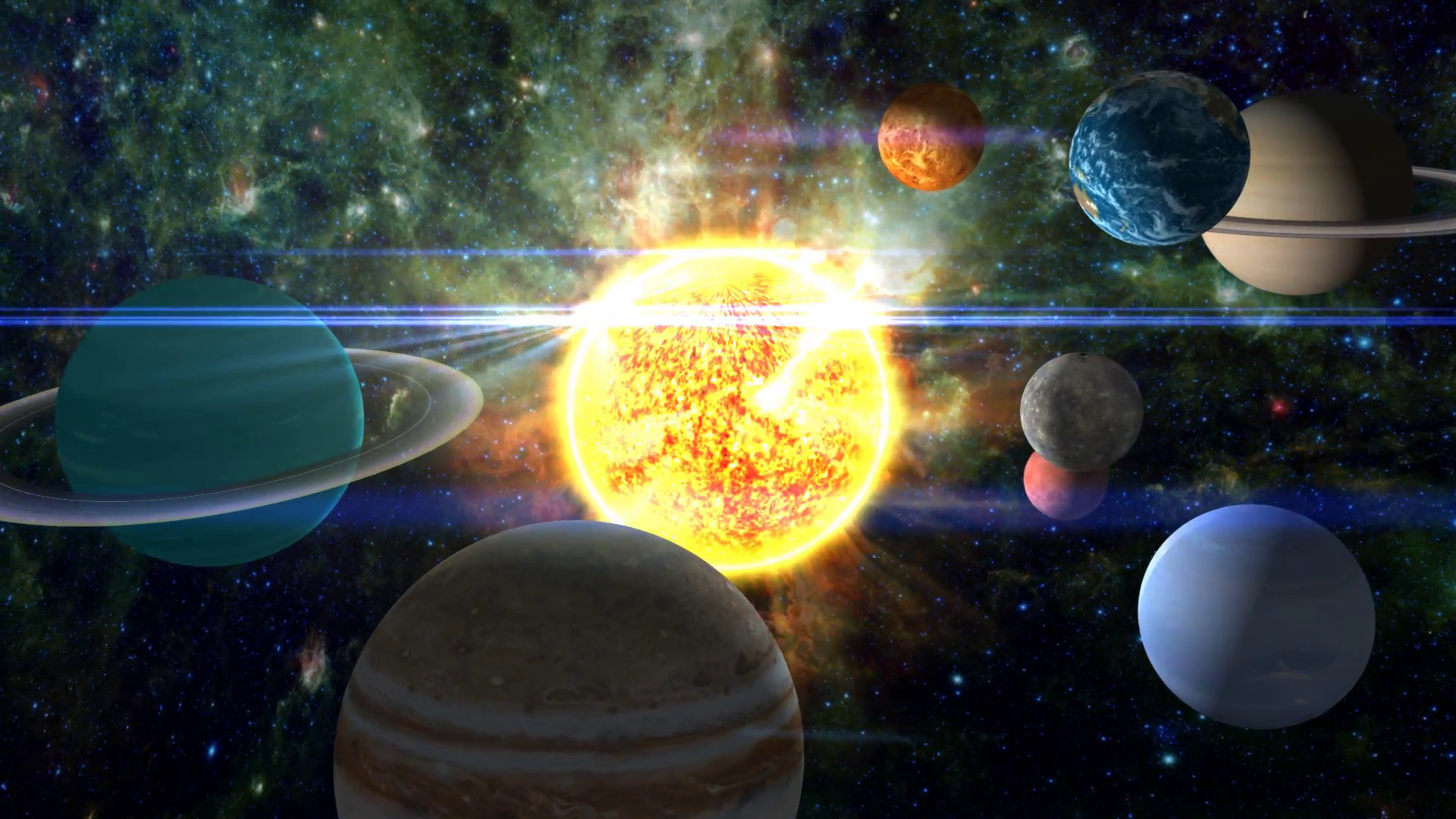 1920x1080 ... moving shot around and through all the planets of the solar system,  scattered around the burning sun. Includes lens flare, nebular and star  background, ...