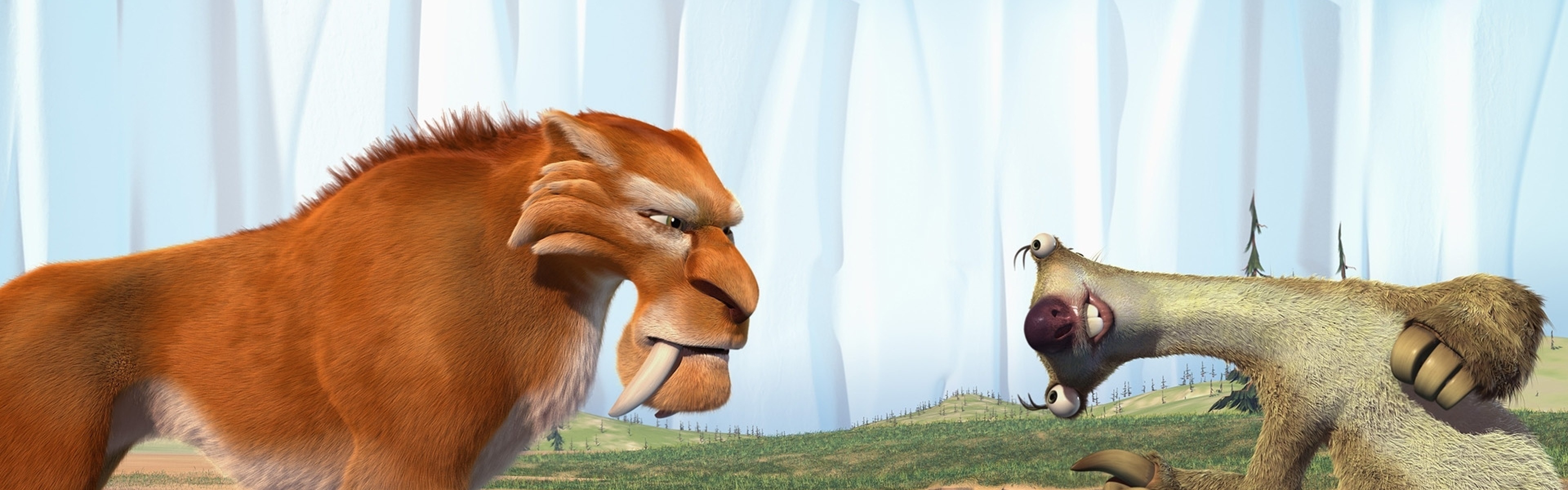 3840x1200  Wallpaper ice age, diego, sid, saber-toothed tiger, sloth