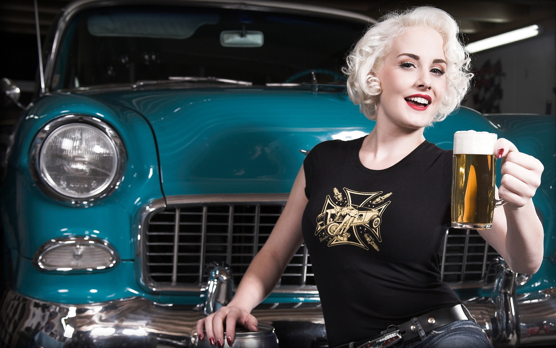 1920x1200 Vehicles cars retro old classic muscle grill lights chrome blue chevy  chevrolet women females girls models blondes face eyes expression smile  beer drinks ...