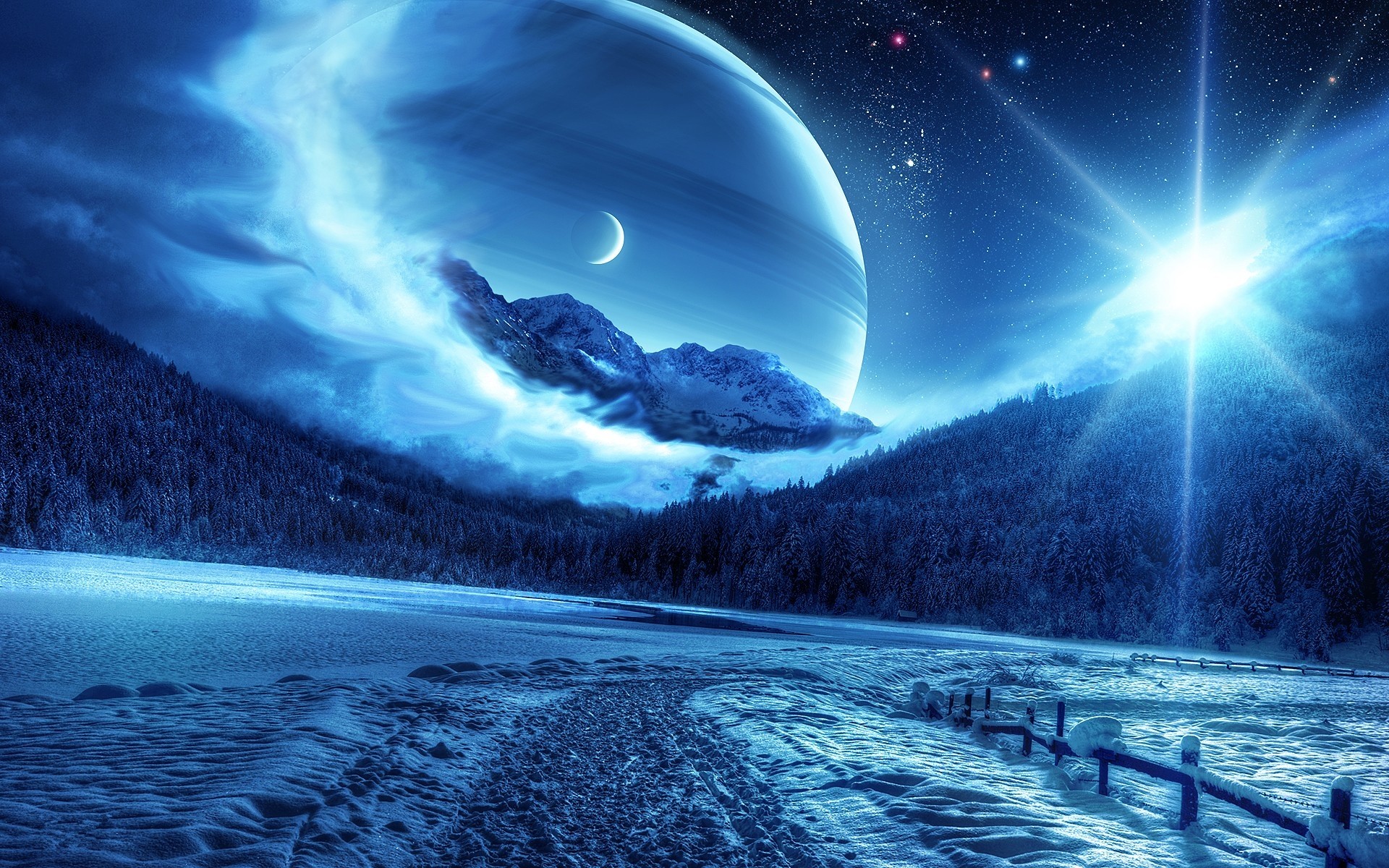 1920x1200 Preview wallpaper winter, night, mountains, road, planet, fantastic  landscape 