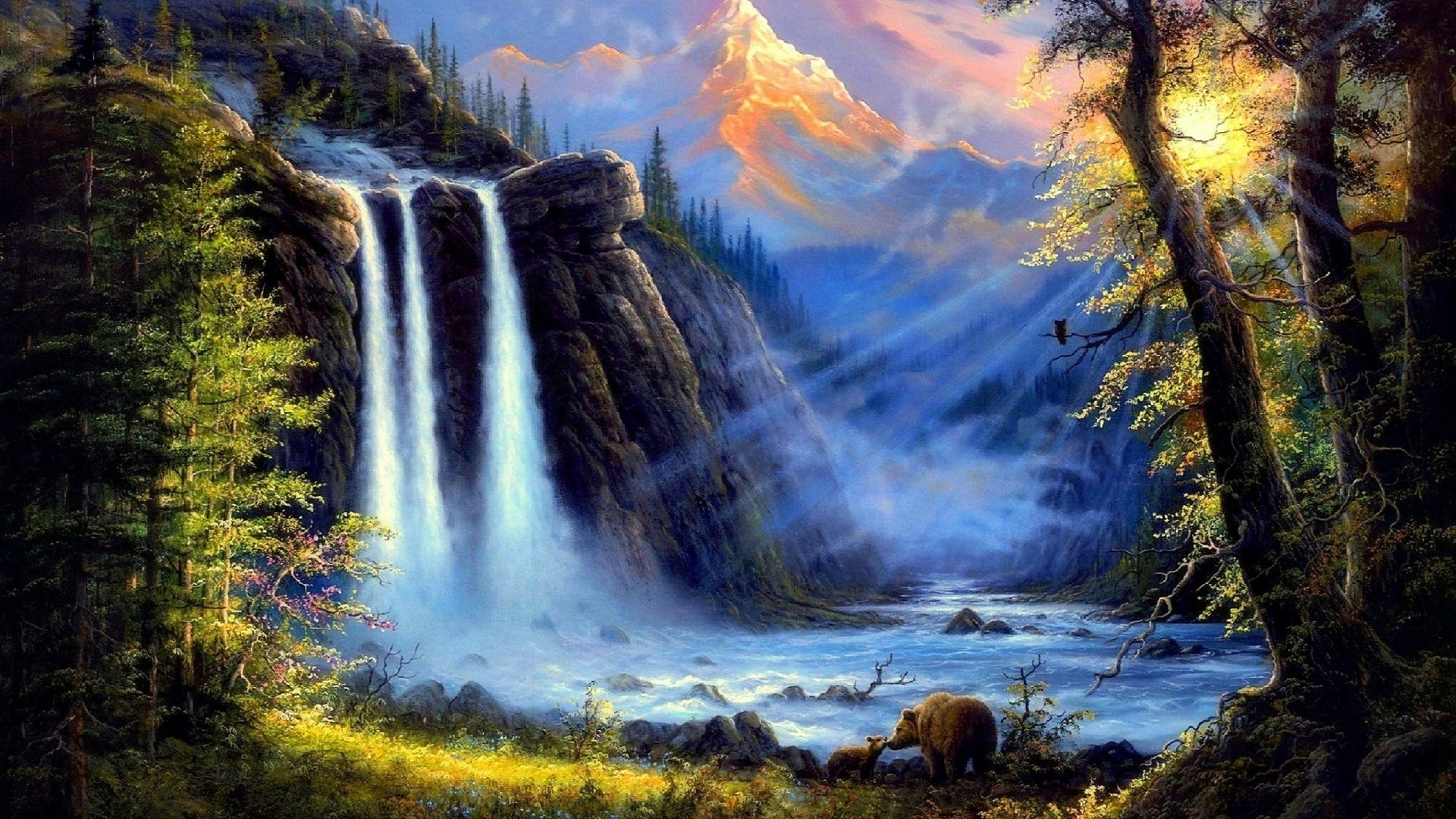 1920x1080 Waterfalls Tag - Four Pre Forests Attractions Beautiful Scenery Seasons  Sunshine Creative Love Downloaded Bears Nature