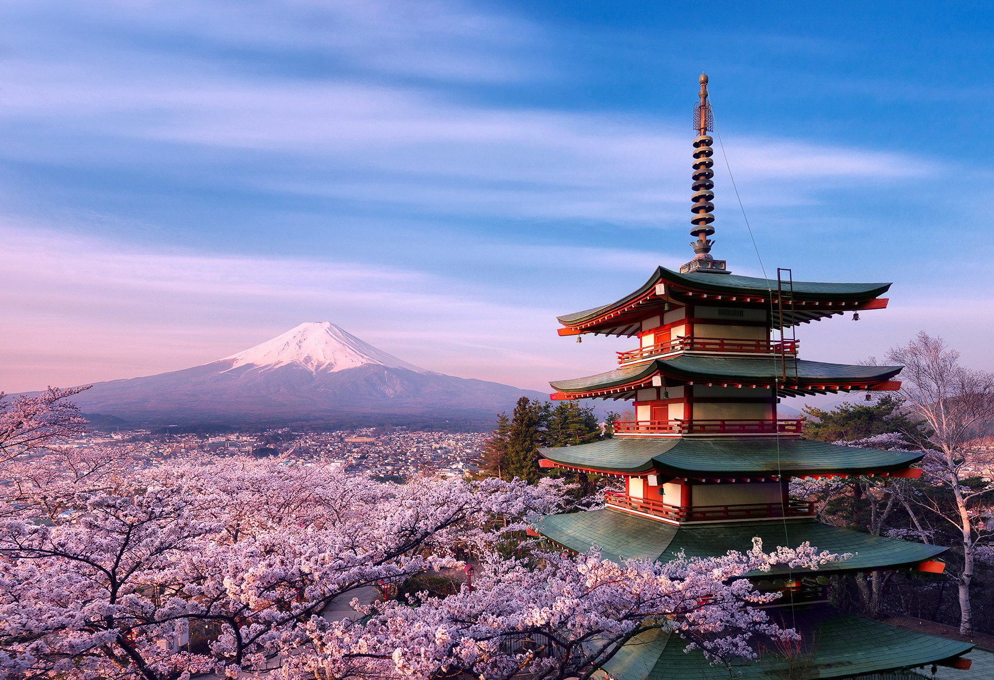 2048x1401 japan, stratovolcano, mount, Fuji, spring, pagoda, architecture, tree,