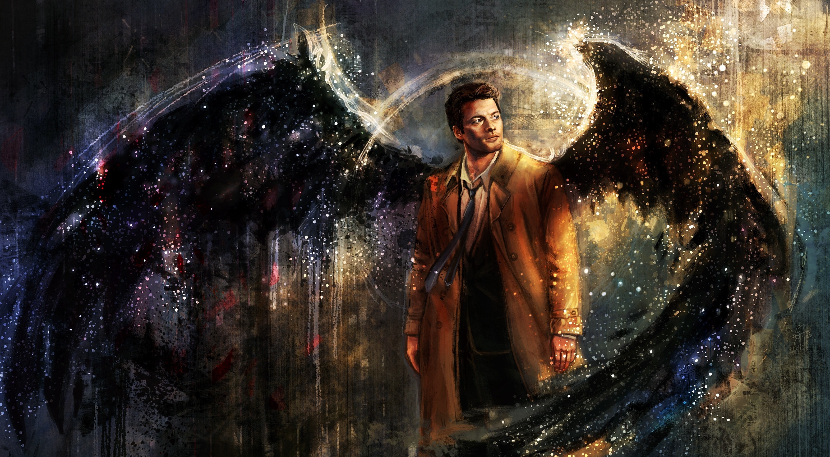 3500x1928 Castiel, Drawing, Supernatural, Artwork, Wings, Painting Wallpapers HD /  Desktop and Mobile Backgrounds