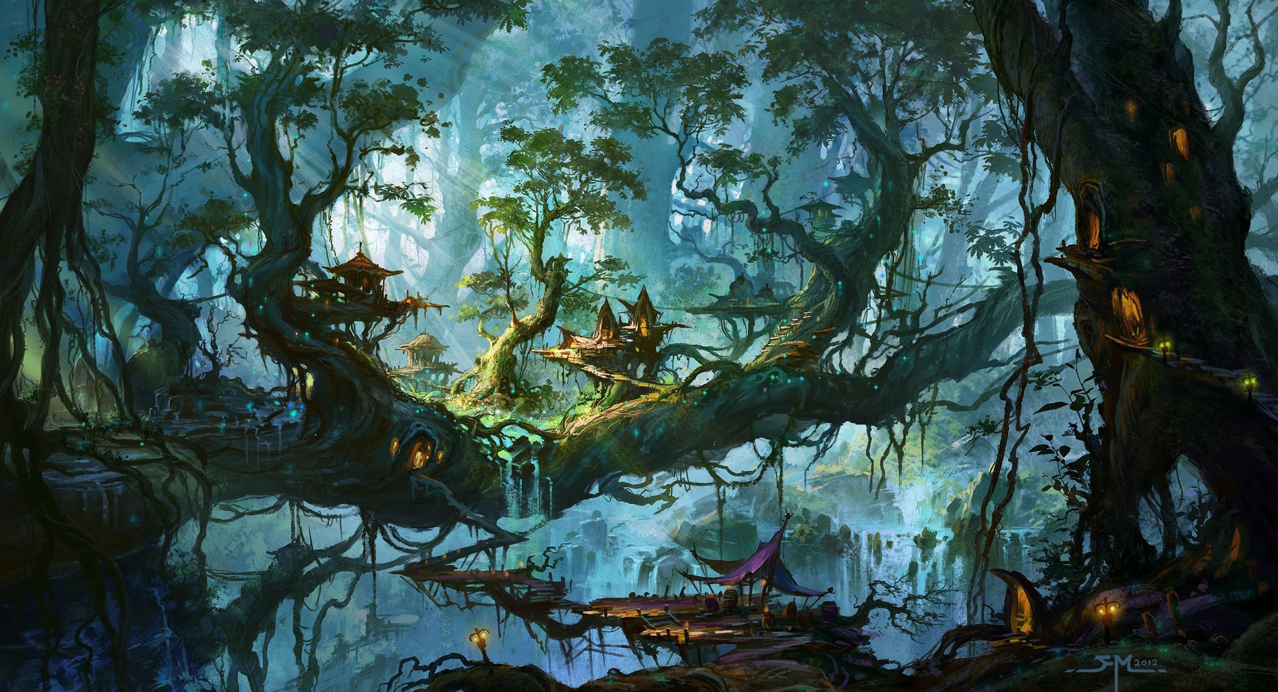 2560x1386 Fantasy - Forest Fantasy Tree Village Waterfall Sunrise Wallpaper
