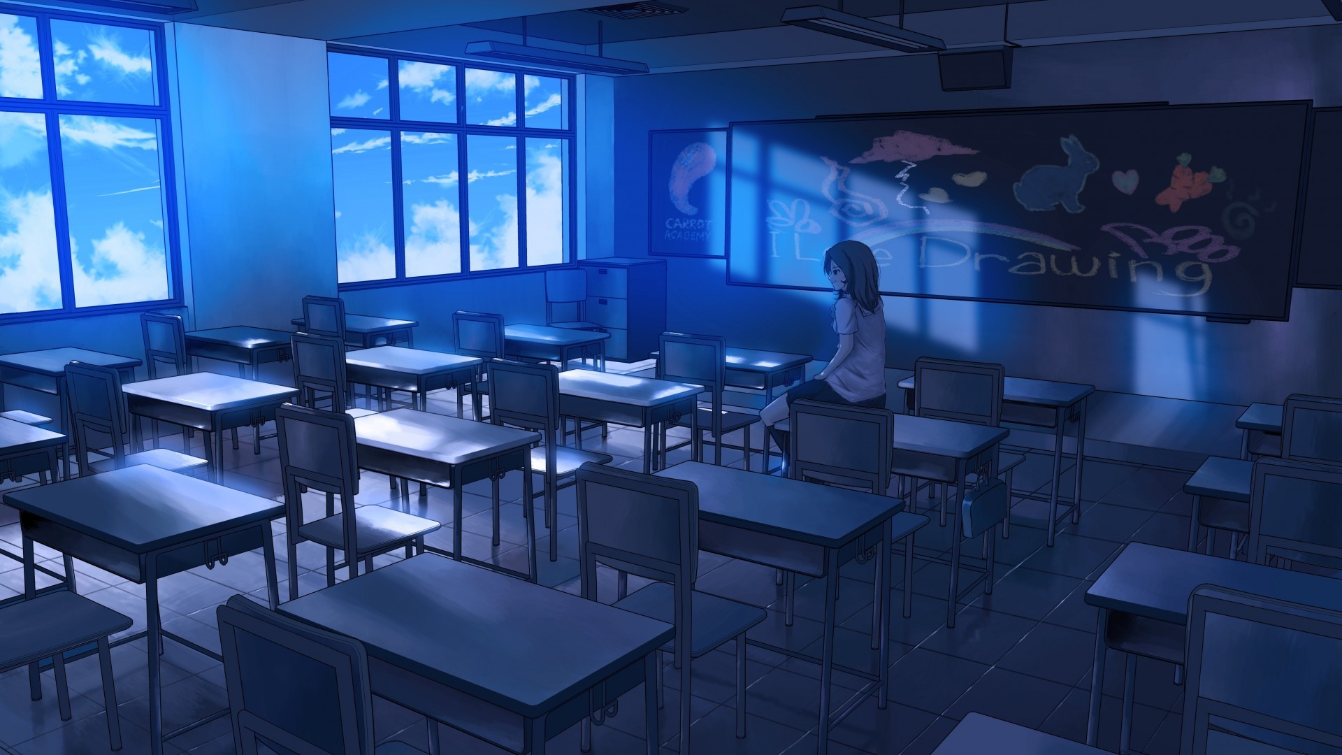 1920x1080 alone girl sitting on a table in classroom looking out window