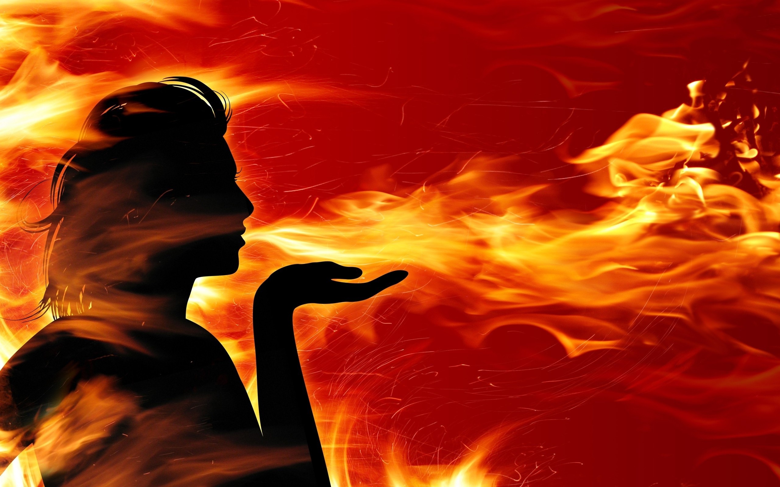 2560x1600  Wallpaper girl, fire, flame, hand, red