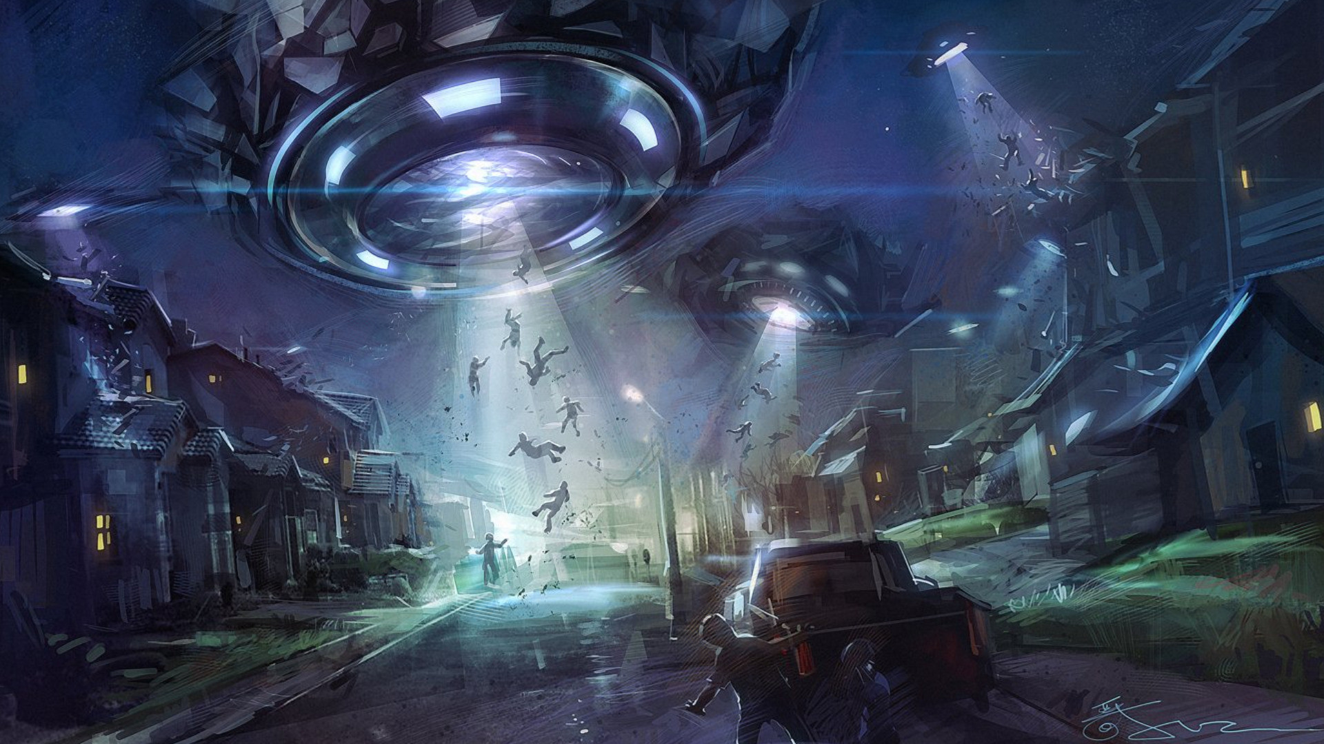 1920x1080 wallpaper UFO abducts people.
